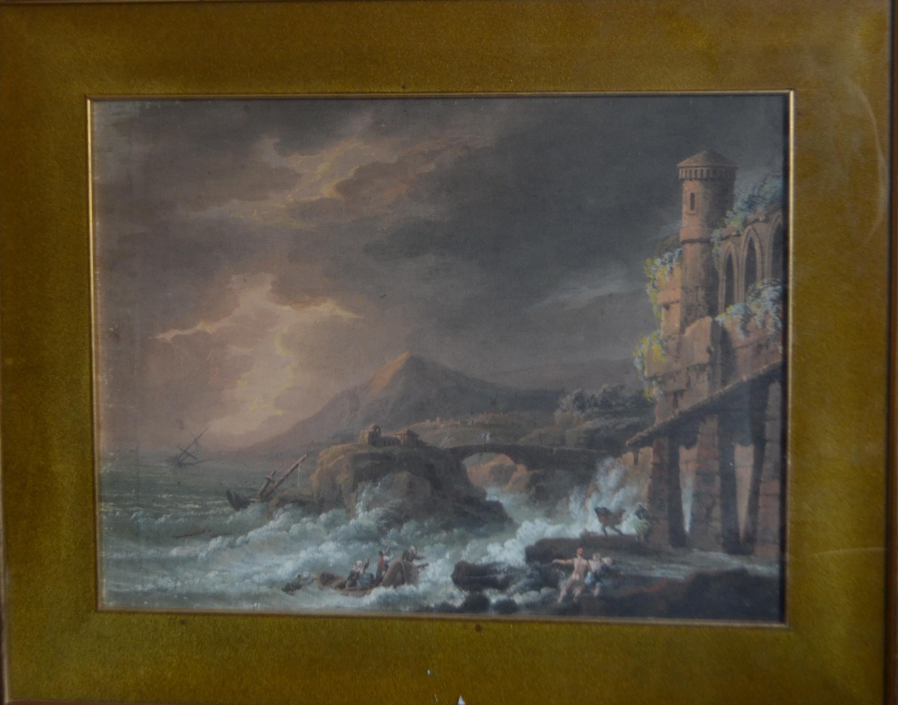 Gouache eines Schiffswracks in einem Sturm mit gotischen Ruinen. Anfang 19. Jahrhundert im Angebot 1