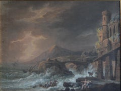 Gouache Of A Shipwreck In A Storm With Gothic Ruins. Early 19th Century