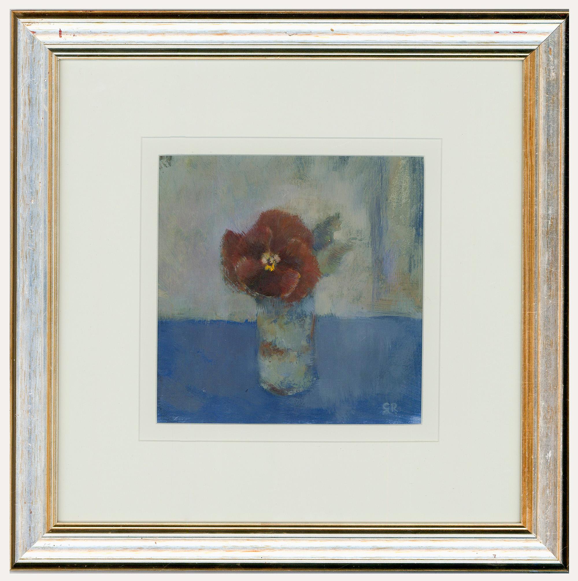 Unknown Still-Life Painting – G.R - Gerahmtes zeitgenössisches Öl, Blume in einer Vase