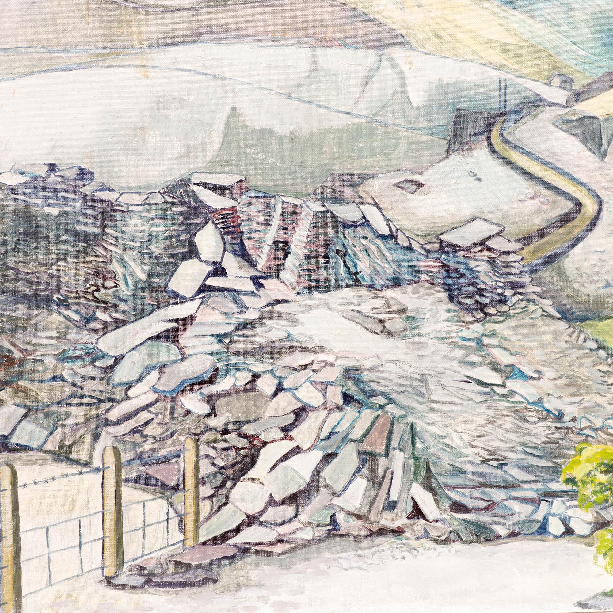 A uniquely stylised landscape by the artist Grace Larner (1926-2022) depicting a slate quarry in Blaenau Ffestiniog, North Wales. Signed with a monogram to the lower left. On canvas on stretchers. 
