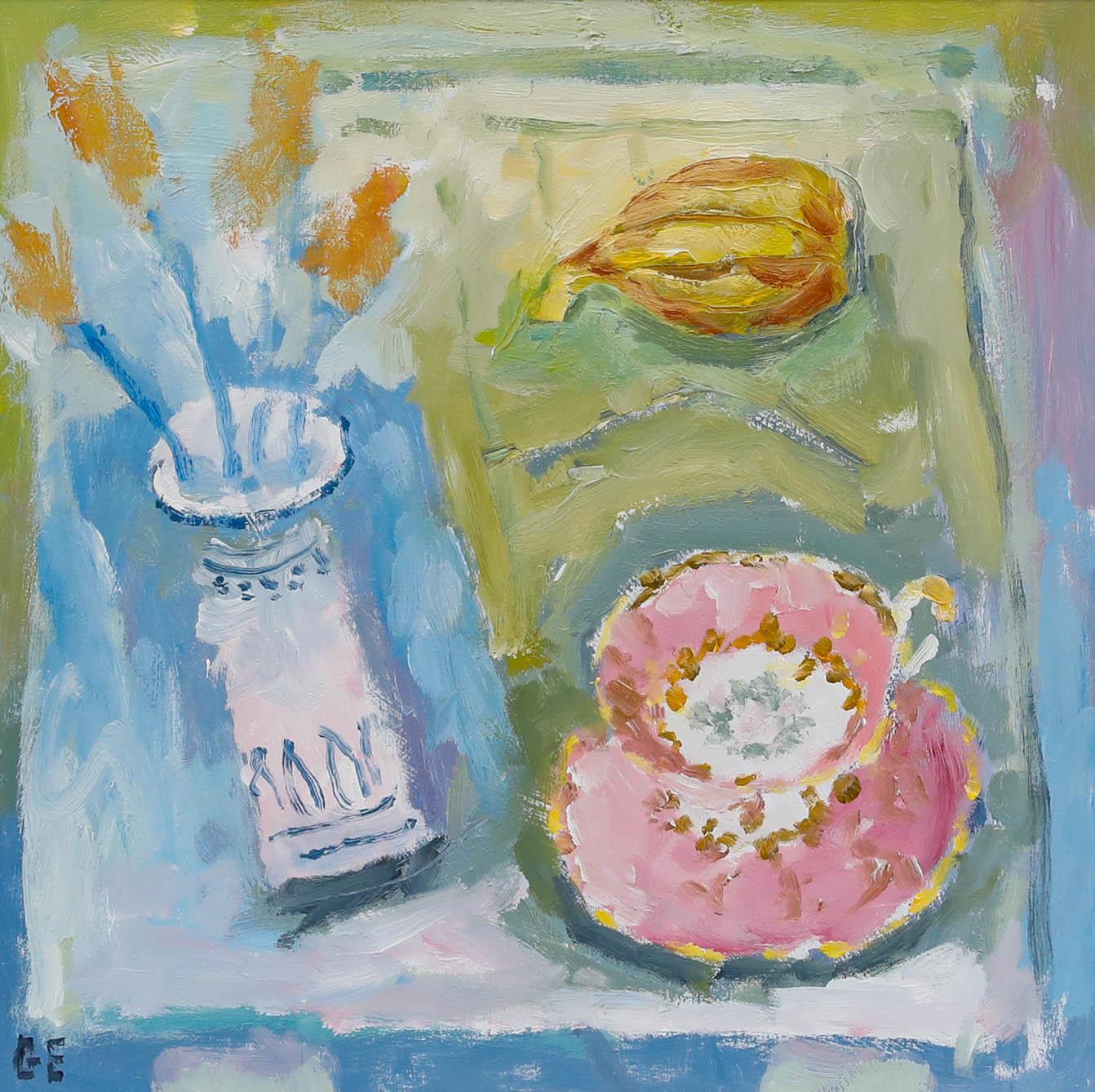 Graham Evernden (nato nel 1947) - Olio contemporaneo incorniciato, tazza di Cina con fico - Painting di Unknown