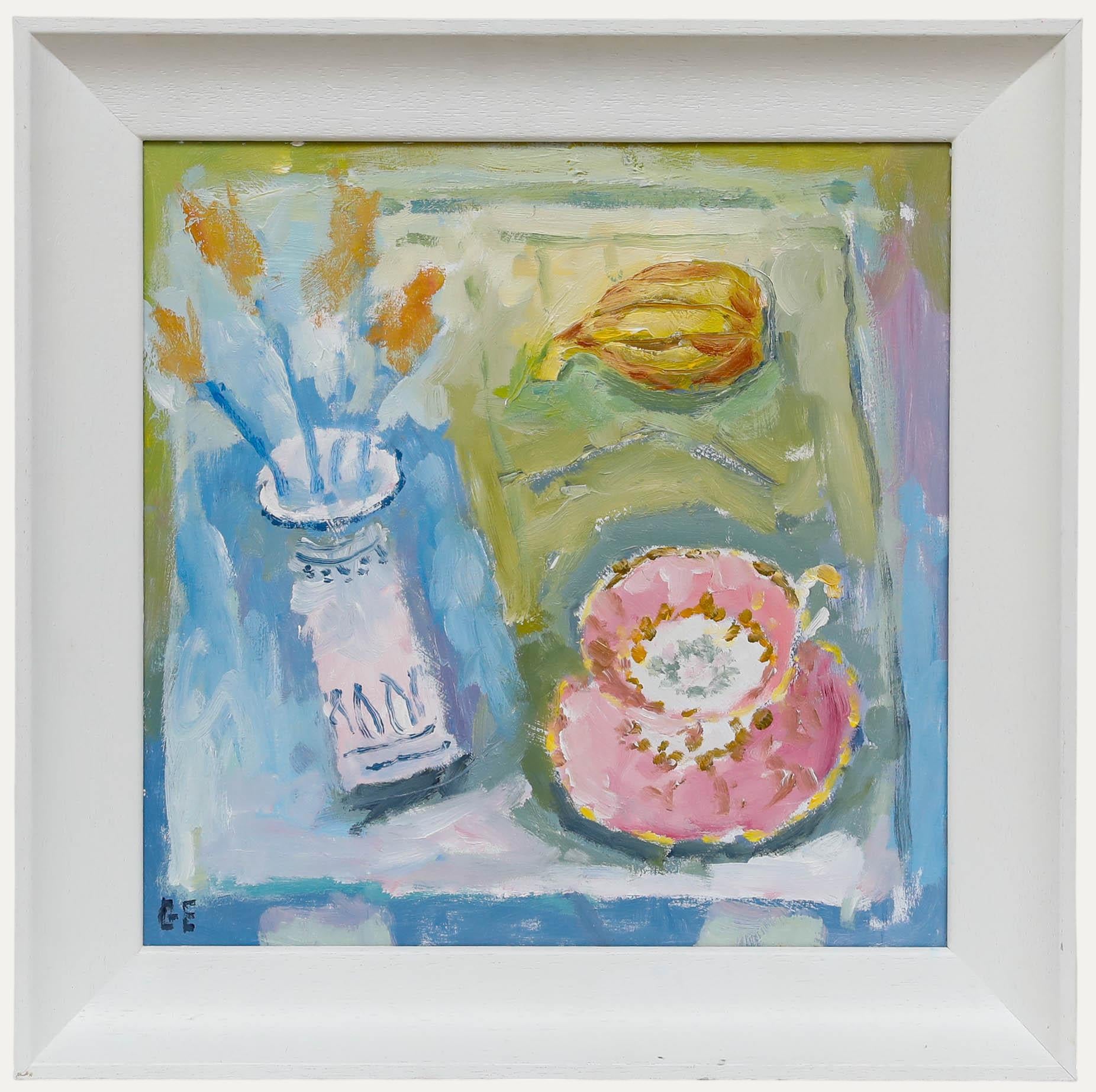 Still-Life Painting di Unknown - Graham Evernden (nato nel 1947) - Olio contemporaneo incorniciato, tazza di Cina con fico
