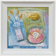 Graham Evernden (nato nel 1947) - Olio contemporaneo incorniciato, tazza di Cina con fico