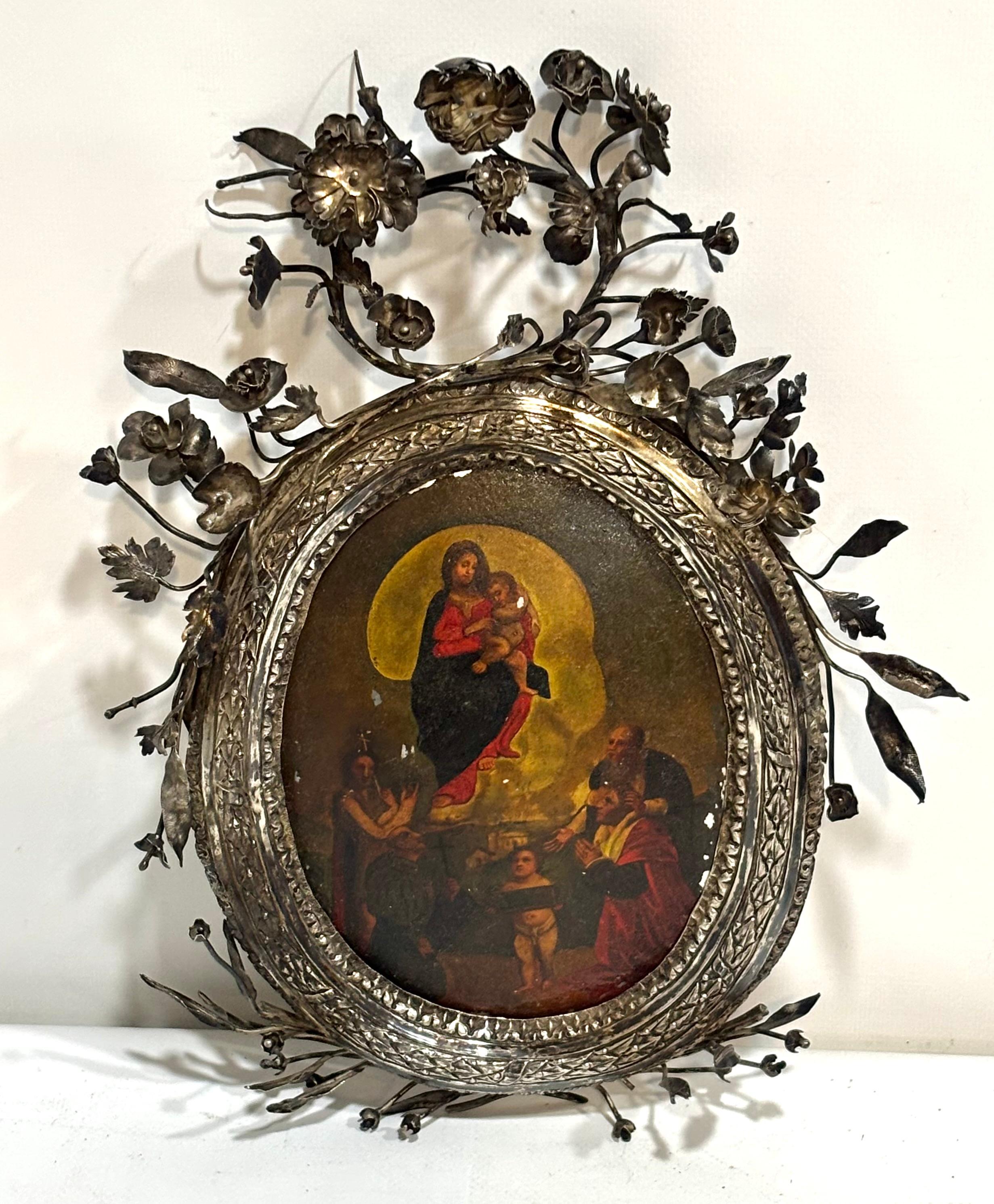 Unknown Figurative Painting – GRAN CONCHA PINTADA CON MARCO DE PLATA - SG XVIII - IMPORTANTE PIEZA LITURGICA