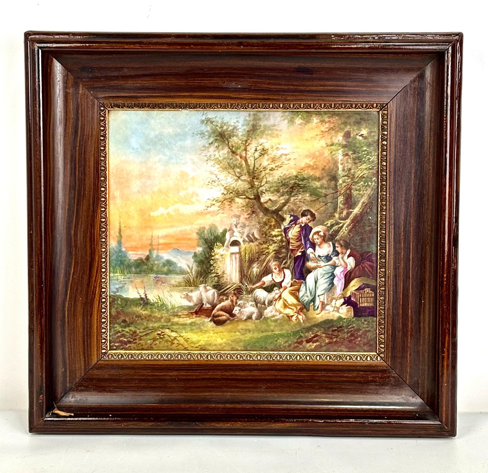 Interesante placa pintada sobre porcelana de Limoges con escena de pastores y ovejas en la campiña.
Realizada a finales del siglo XIX, no se si tiene ninguna estampilla porque la parte trasera esta tapada con cartón duro y no la he abierto, hay una