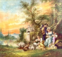 GRAN PLACA PINTADA EN PORCELANA LIMOGES - SIGLO XIX - ESCENA CAMPESTRE