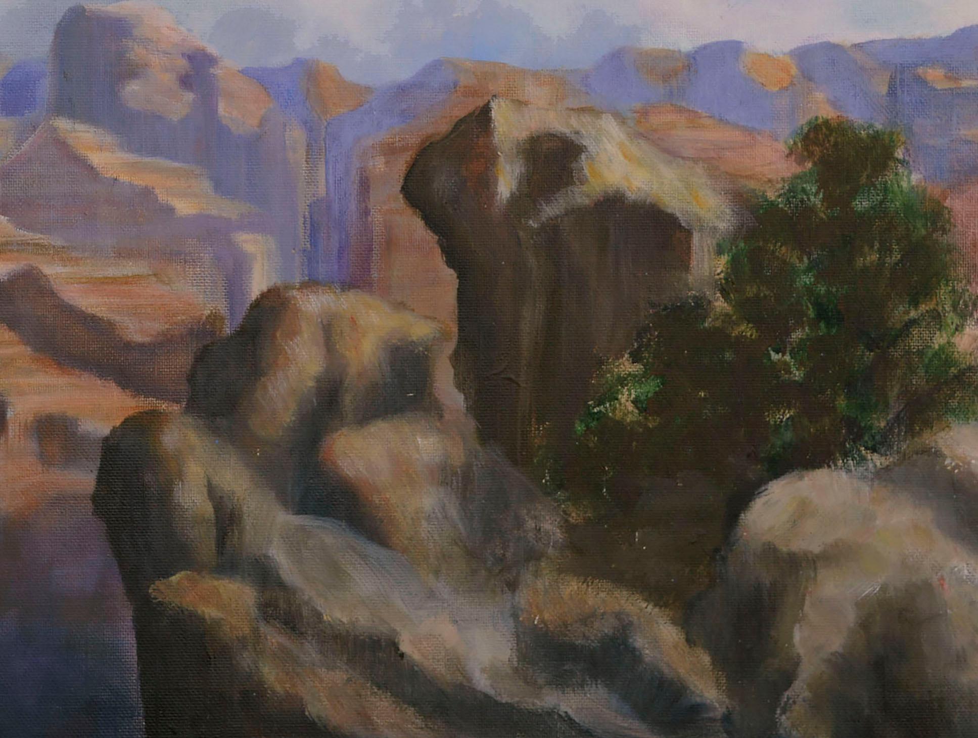Paysage impressionniste Grand Canyon vintage

Majestic paysage impressionniste du Grand Canyon en belles couleurs vives par un artiste inconnu (américain, 20e siècle). Le spectateur observe le canyon entre deux grands affleurements rocheux. Il y a