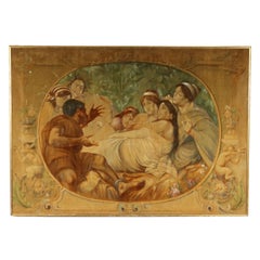 Large Grass Juice Painting on velvet, mythological scene, late 19th century