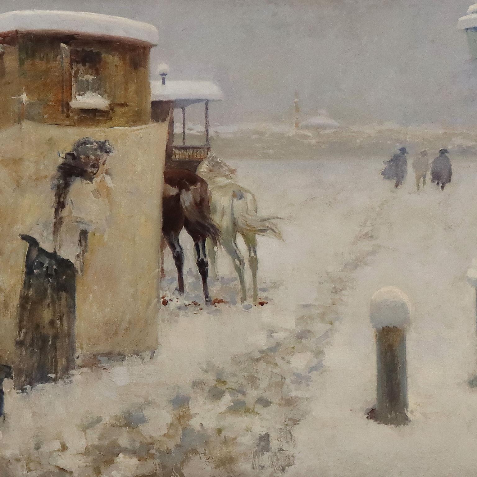 Oil on Canvas. Italian school of the early 20th century.
The large scene is set in a desolate landscape completely covered in snow: on the left in the foreground, behind a group of wagons and mobile homes (probably a gypsy camp) a woman weeps
