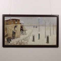 Grand tableau représentant une scène d'arrestation dans un paysage enneigé, début du 20e siècle