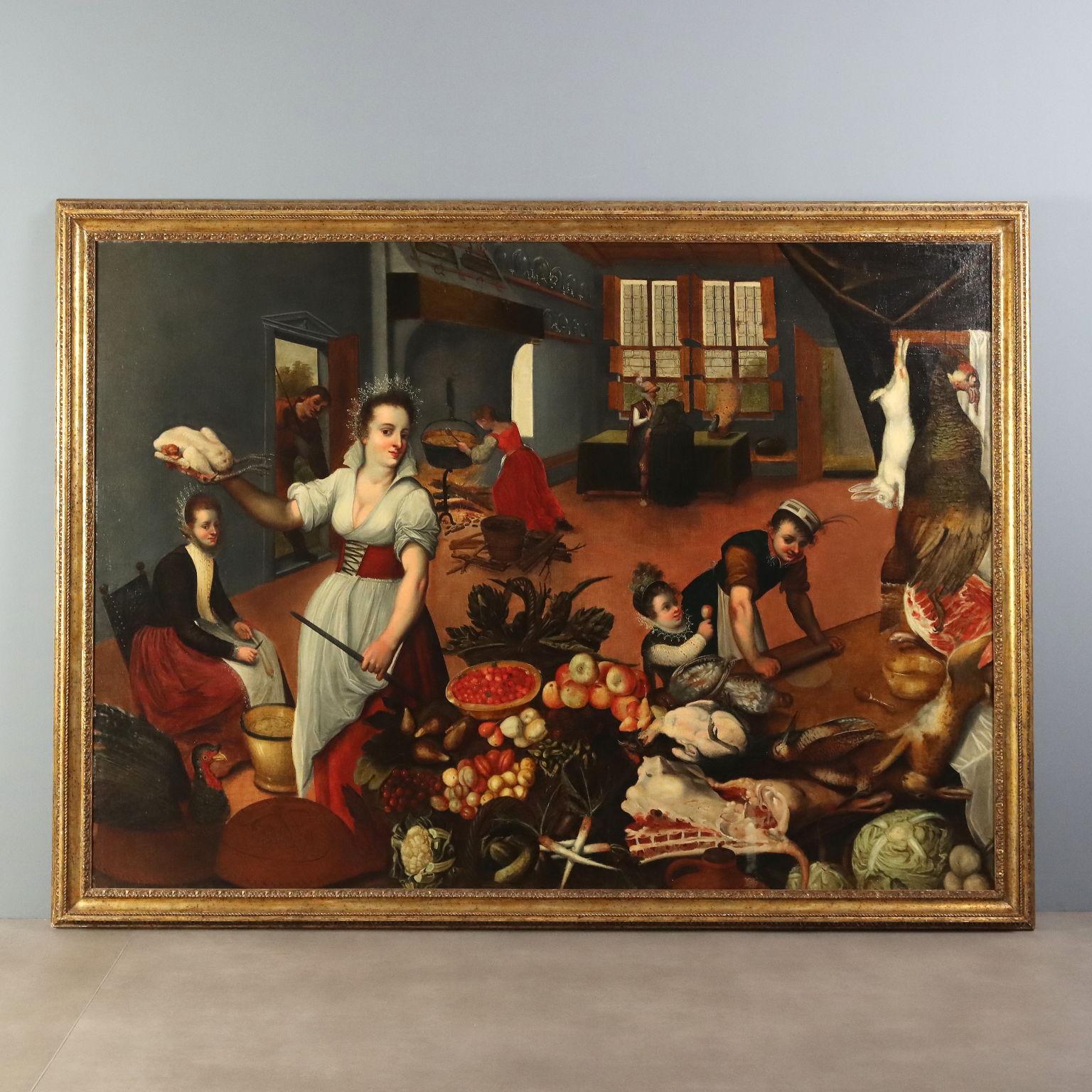 Large Flemish Painting Depicting a Kitchen Interior Scene; Oil on canvas, 17th century.
