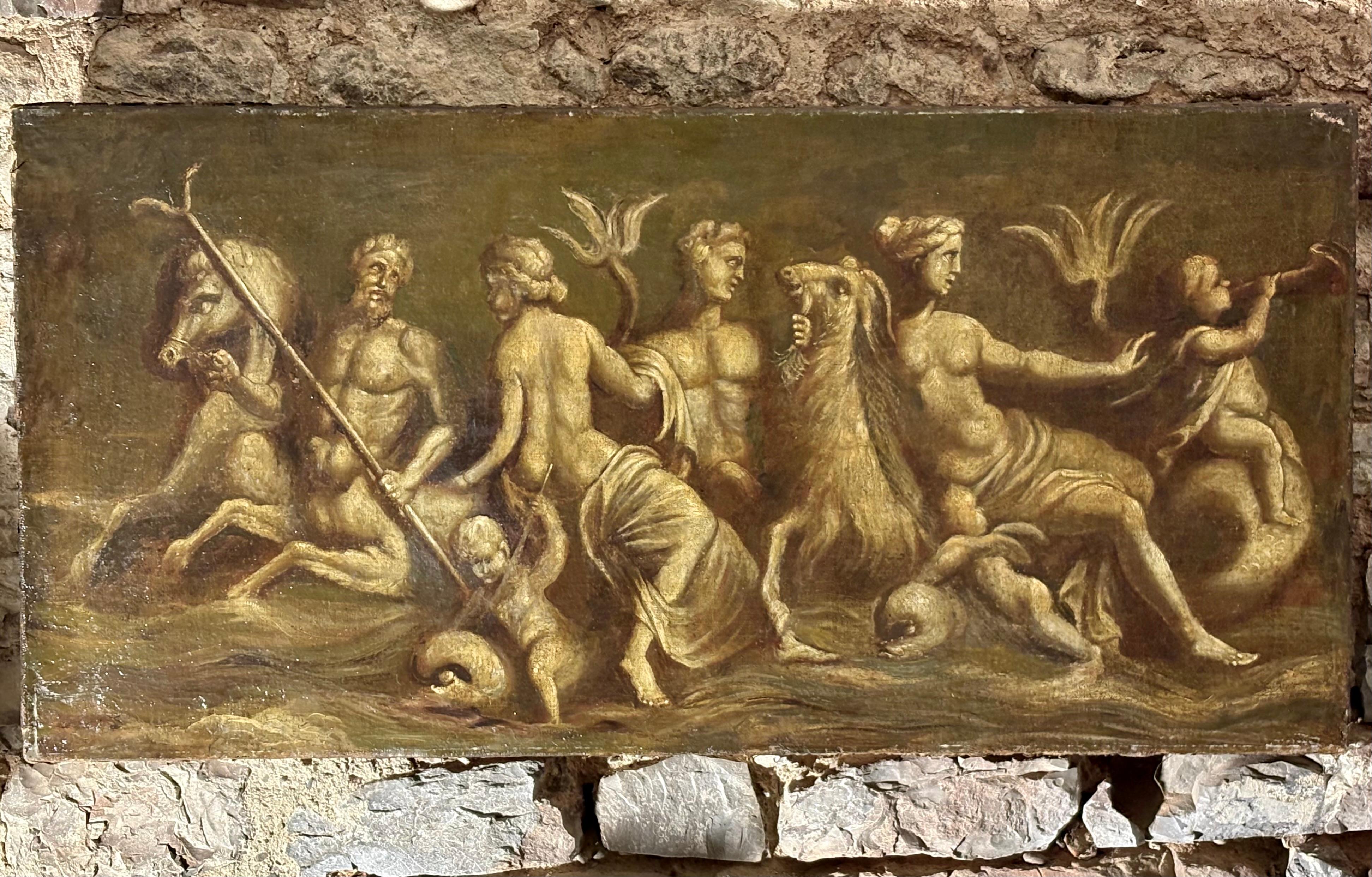 Grande Dipinto Italiano Mitologico in Grisaglia Tritoni e Nereidi XVIII secolo en vente 5