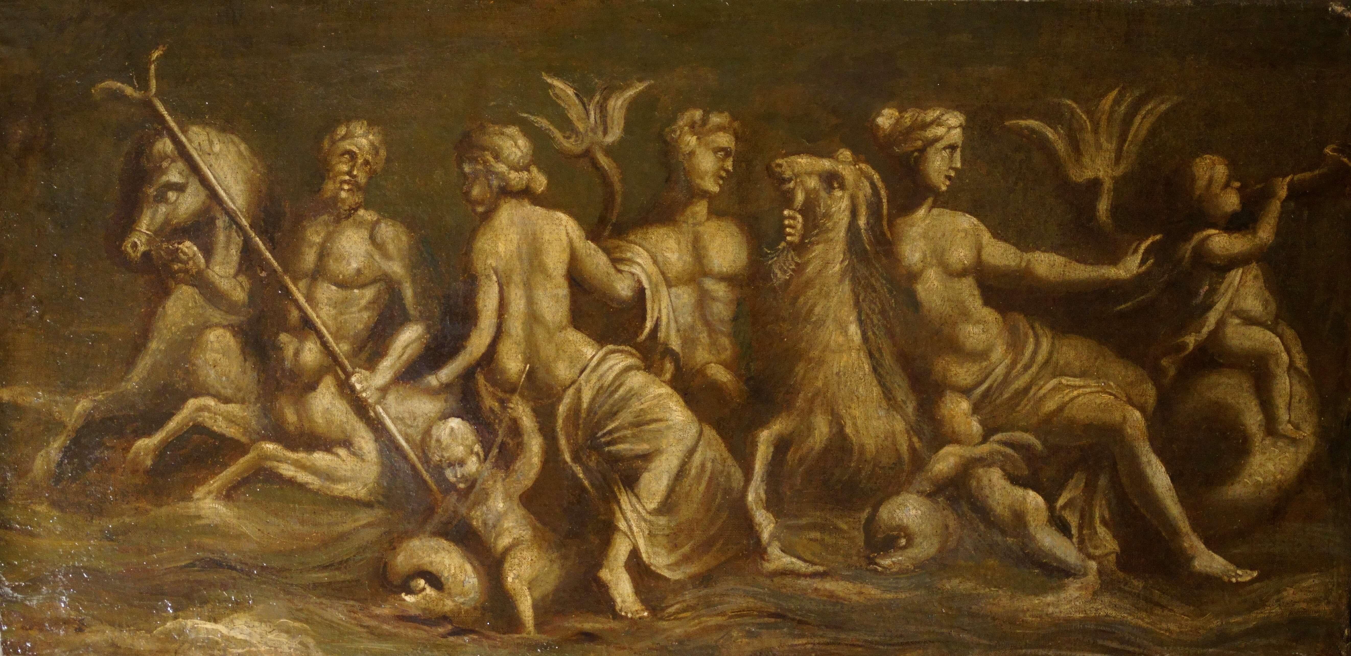 Grande Dipinto Italiano Mitologico in Grisaglia Tritoni e Nereidi XVIII secolo - Painting de Unknown