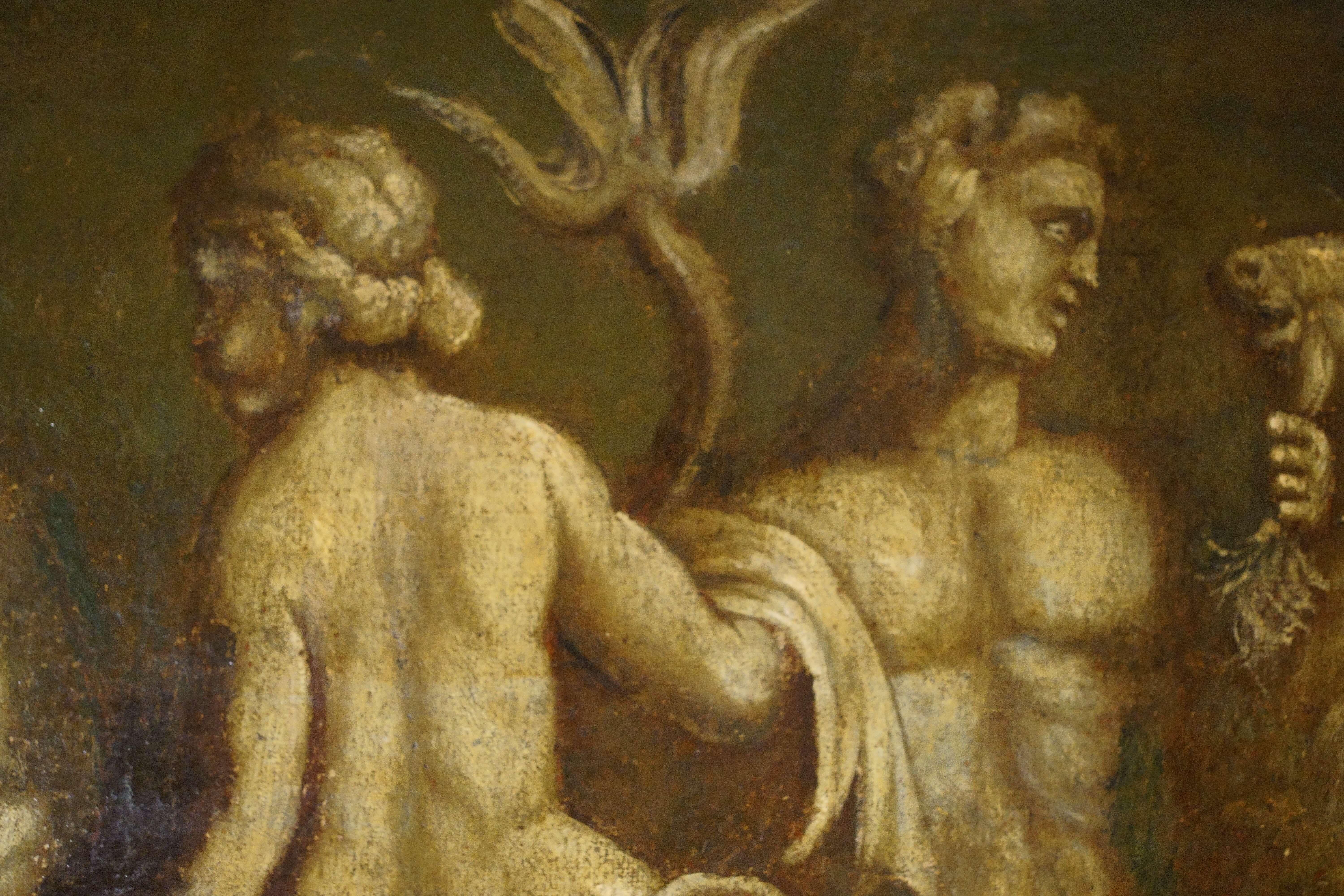 Grande Dipinto Italiano Mitologico in Grisaglia Tritoni e Nereidi XVIII secolo - Brown Figurative Painting par Unknown