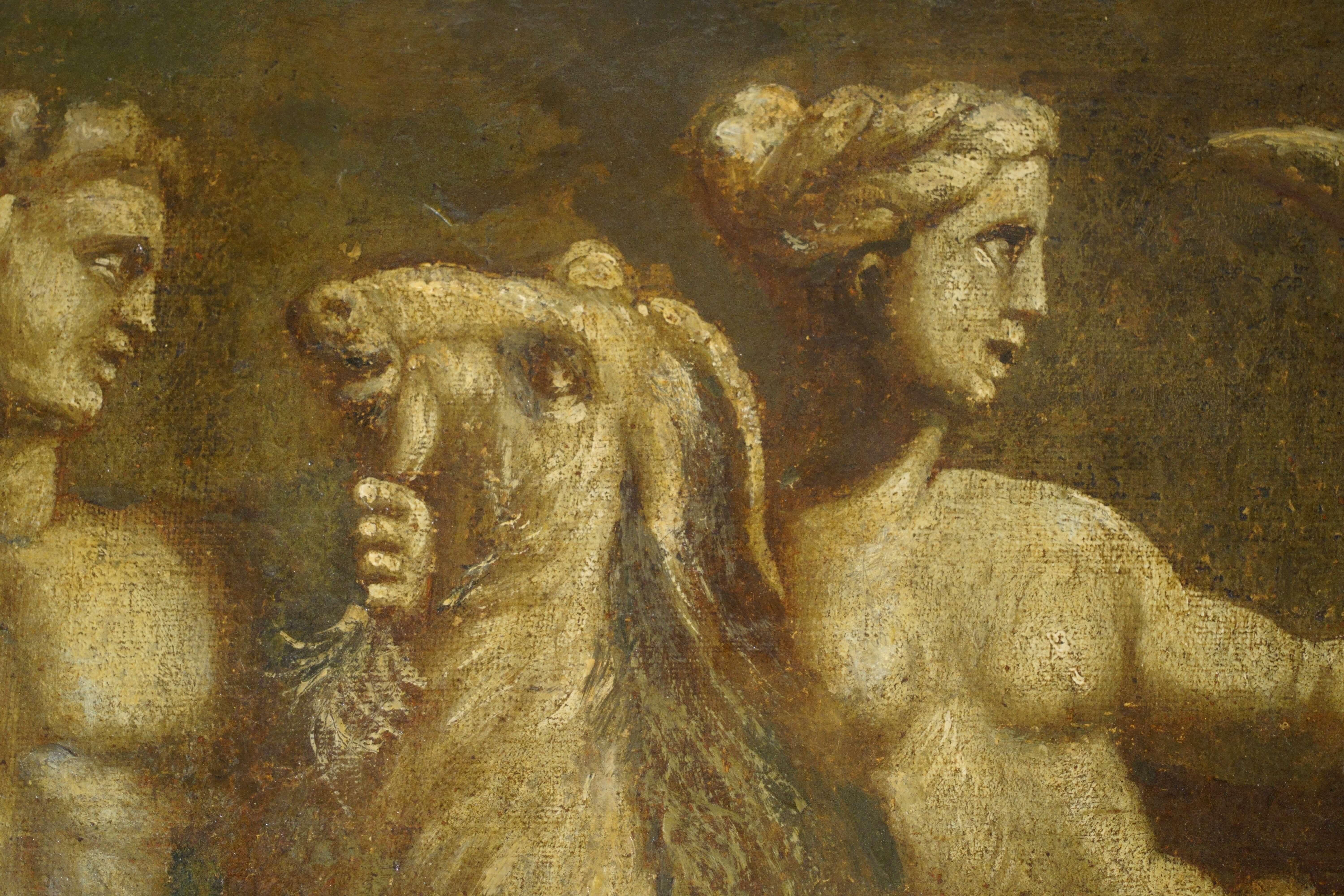 Grande e bel dipinto a grisaglia italiano a tema mitologico di gusto rinascimentale, seconda metà del XVIII secolo. Il dipinto non è firmato.
Dipinto a olio su tela, tono su tono con la tecnica della grisaglia, raffigura una scena mitologica con