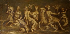 Grande Dipinto Italiano Mitologico in Grisaglia Tritoni e Nereidi XVIII secolo