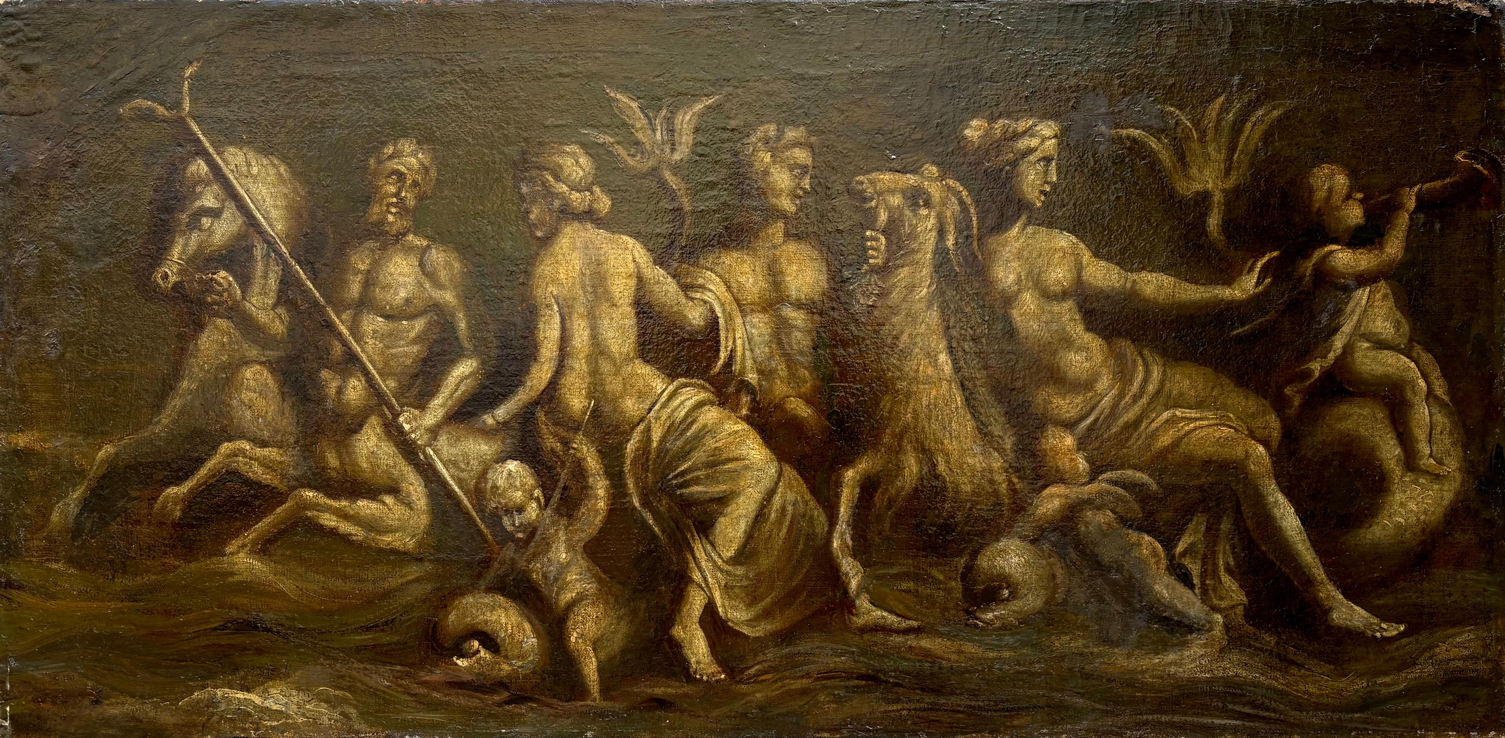 Grande peinture italienne mythologique en grisaille Tritons et Néréides 18e siècle