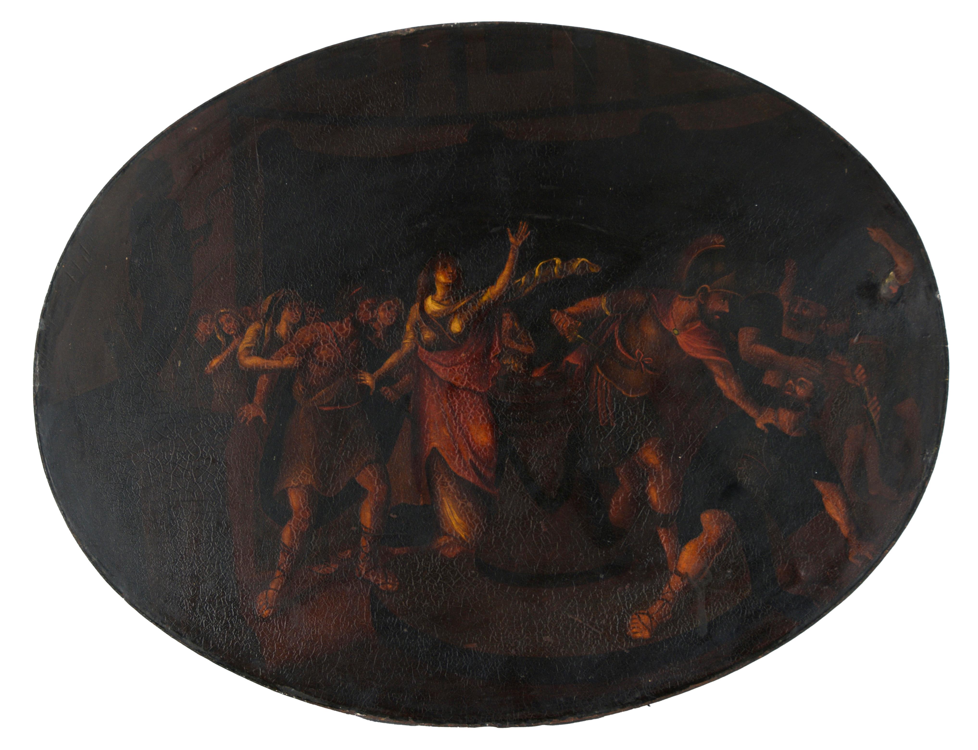 Figurative Painting di Unknown - Scena classica greca di "Morte di Agamennone" Olio su metallo