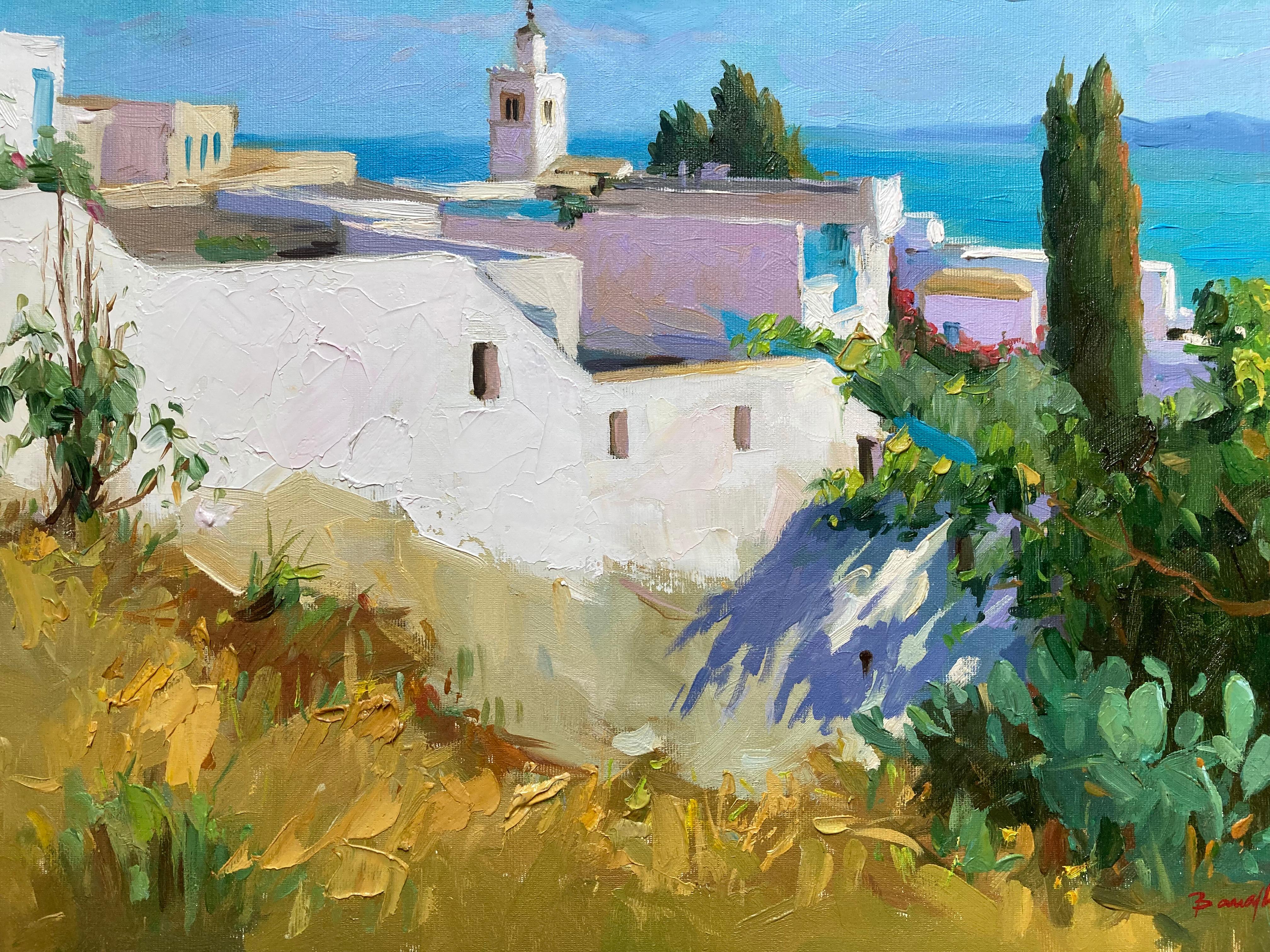 Greece Island Scene (Contemporary Impressionist Landscape Village Painting) - Blue Landscape Painting by Unknown