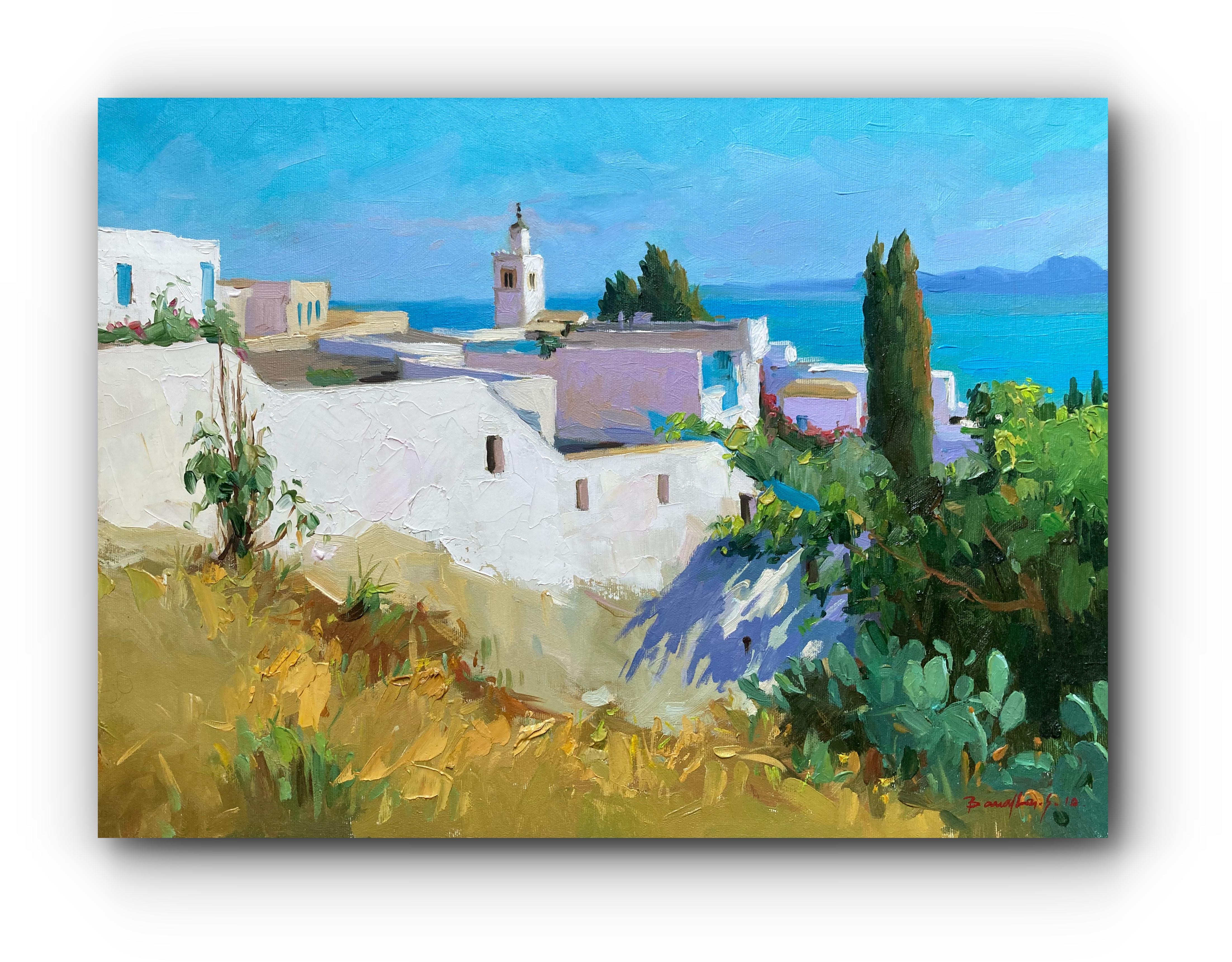 Unknown Landscape Painting - Greece Island Scene (Contemporary Impressionist Landscape Village Painting)