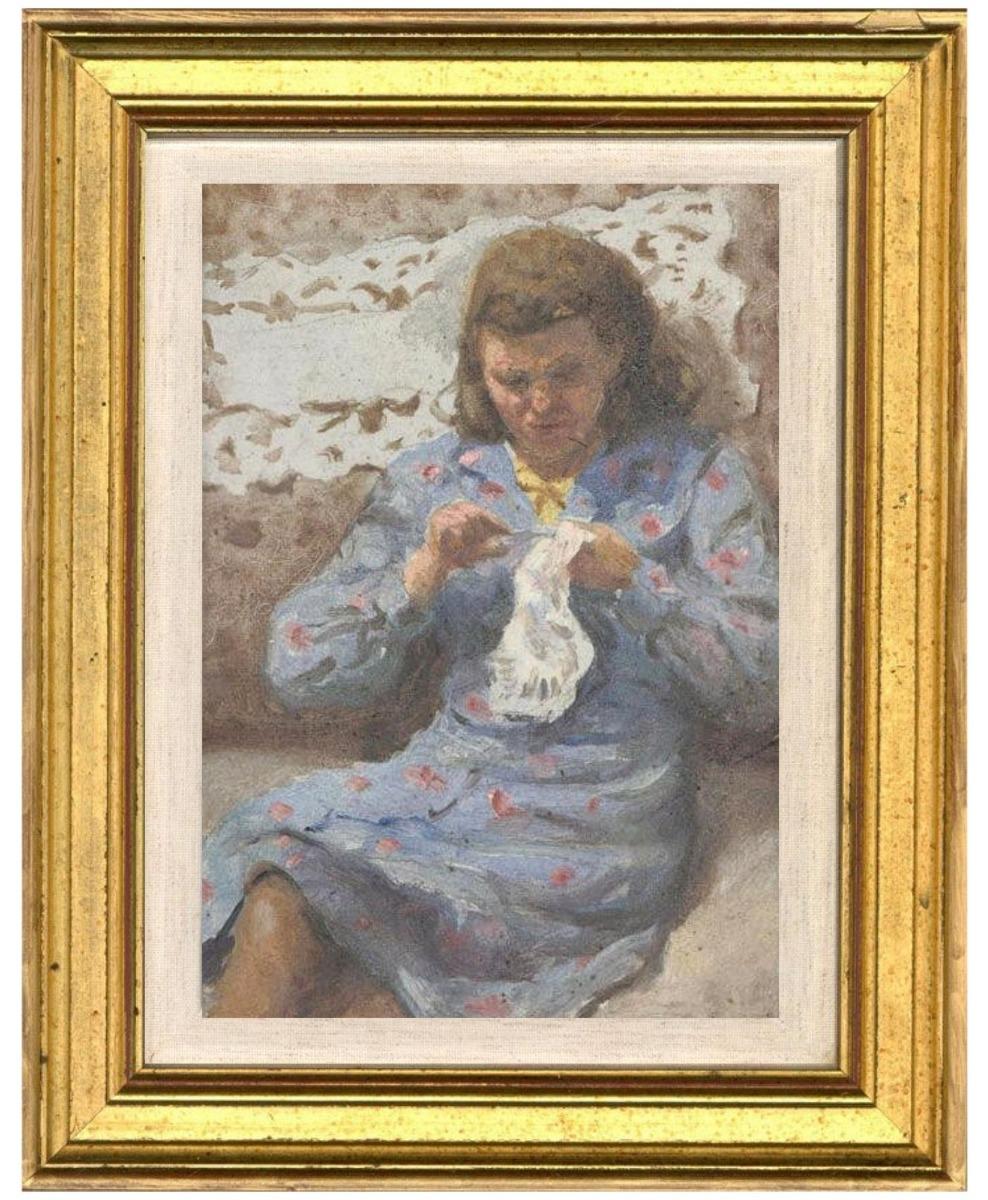 Unknown Portrait Painting - Greek School 1955 Oil - Crocheting