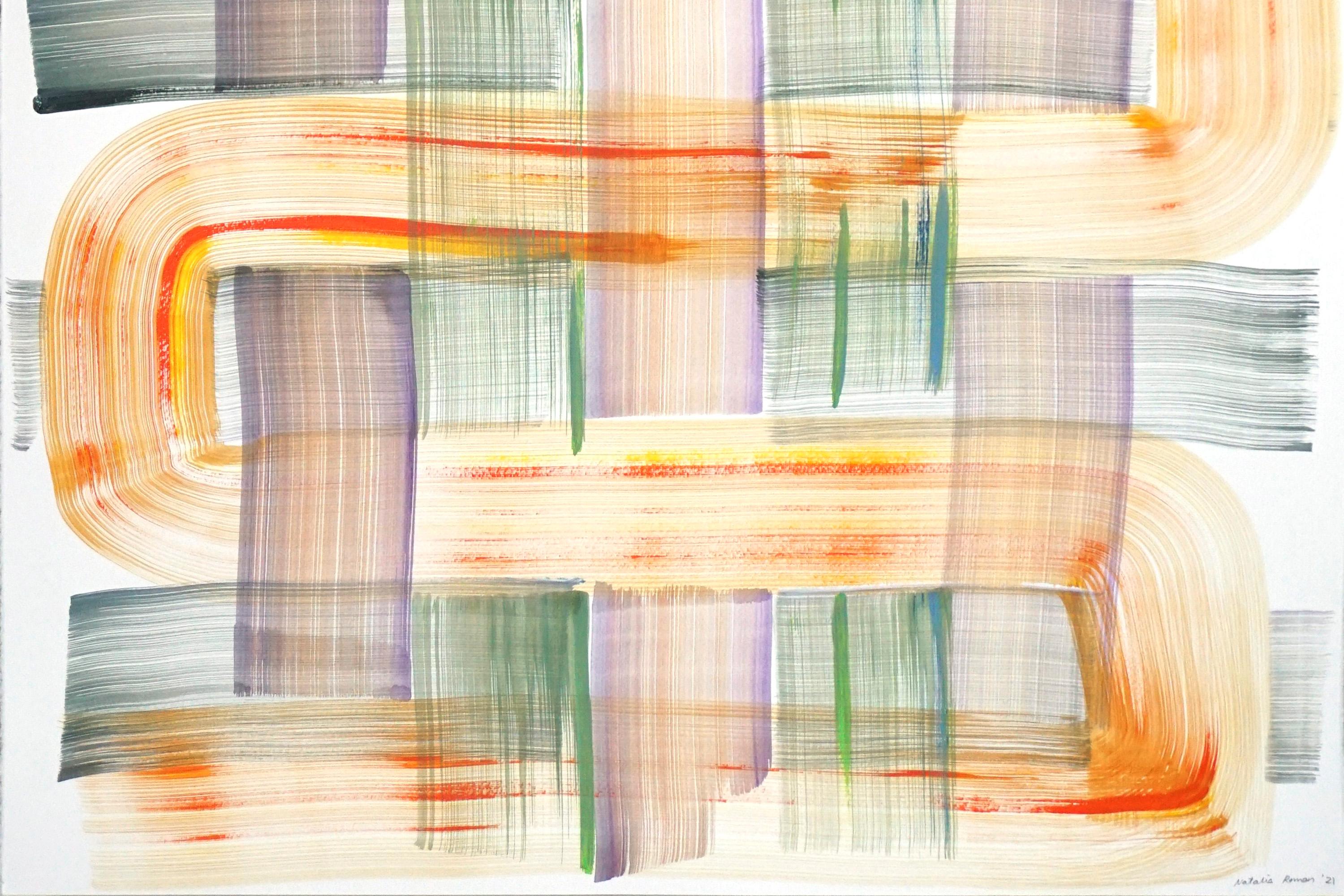Grünes und orangefarbenes Kreuzmuster, farbenfrohes Gemälde auf Papier, abstrakter Pinselstrich (Beige), Abstract Painting, von Natalia Roman