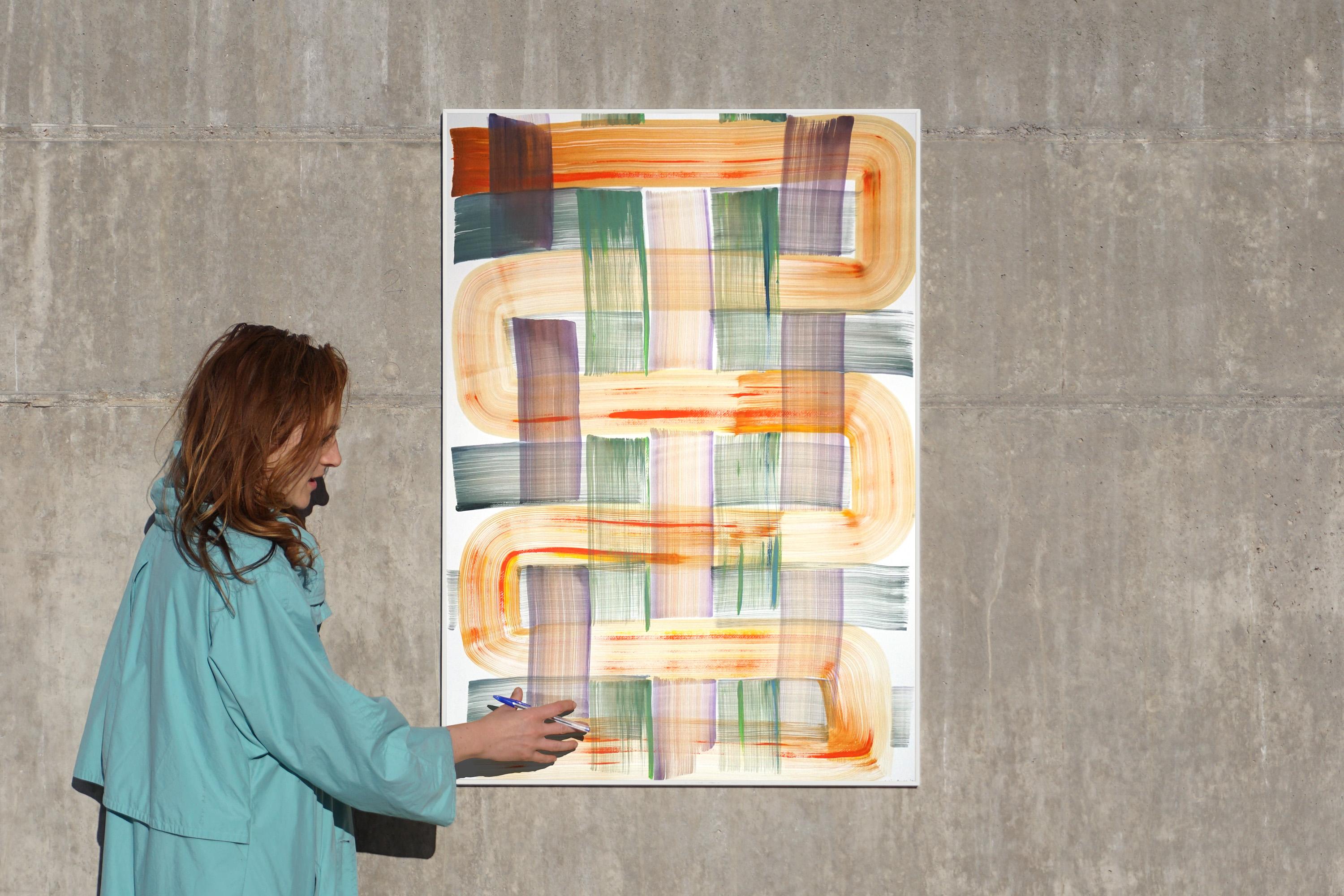 Green and Orange Cross Pattern, Colorful Painting on Paper, Abstract Brushstroke 2