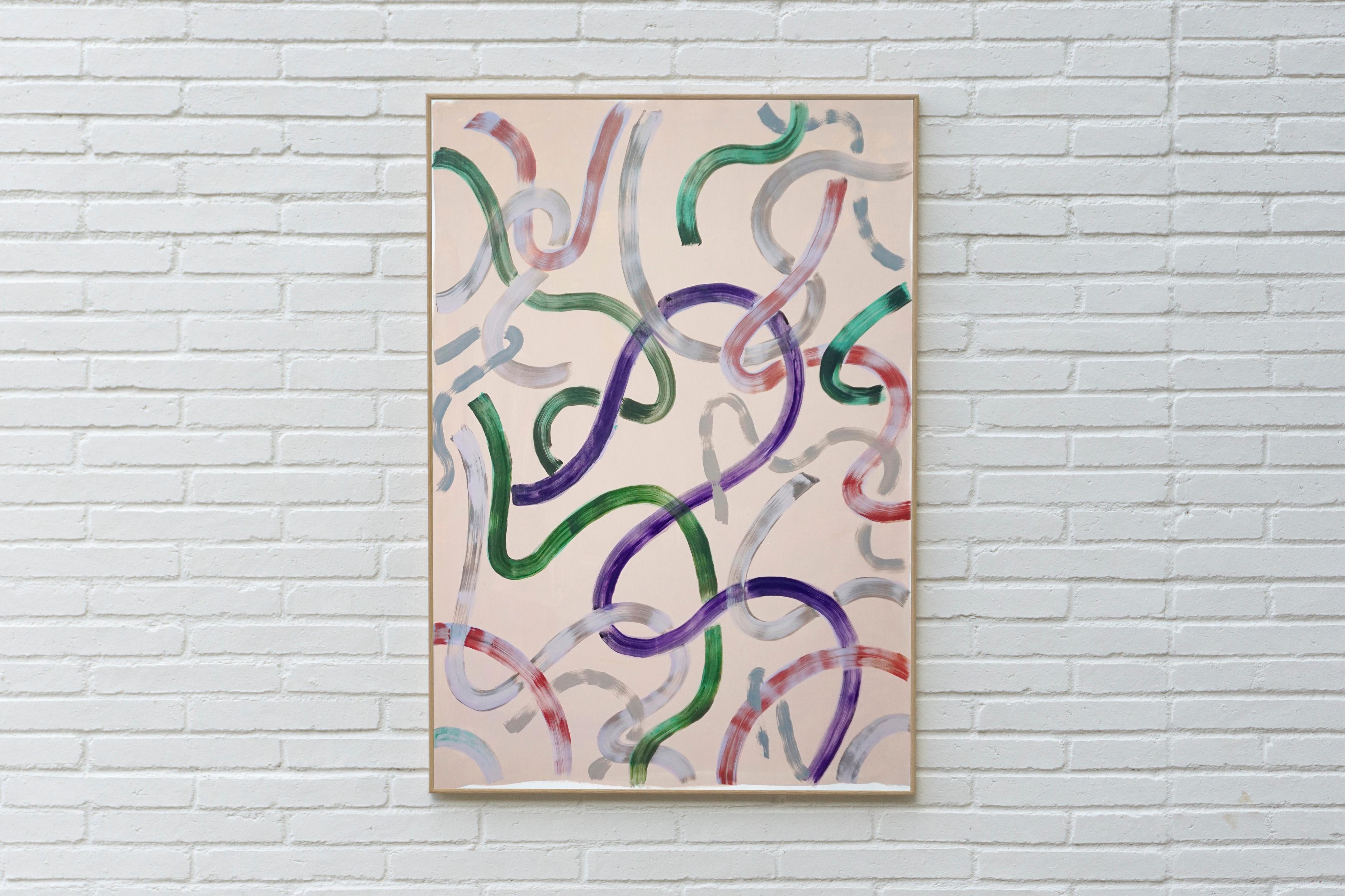 Green and Purple Outlines on Ivory, Abstract Organic Brushstrokes on Paper, 2020 - Painting by Unknown