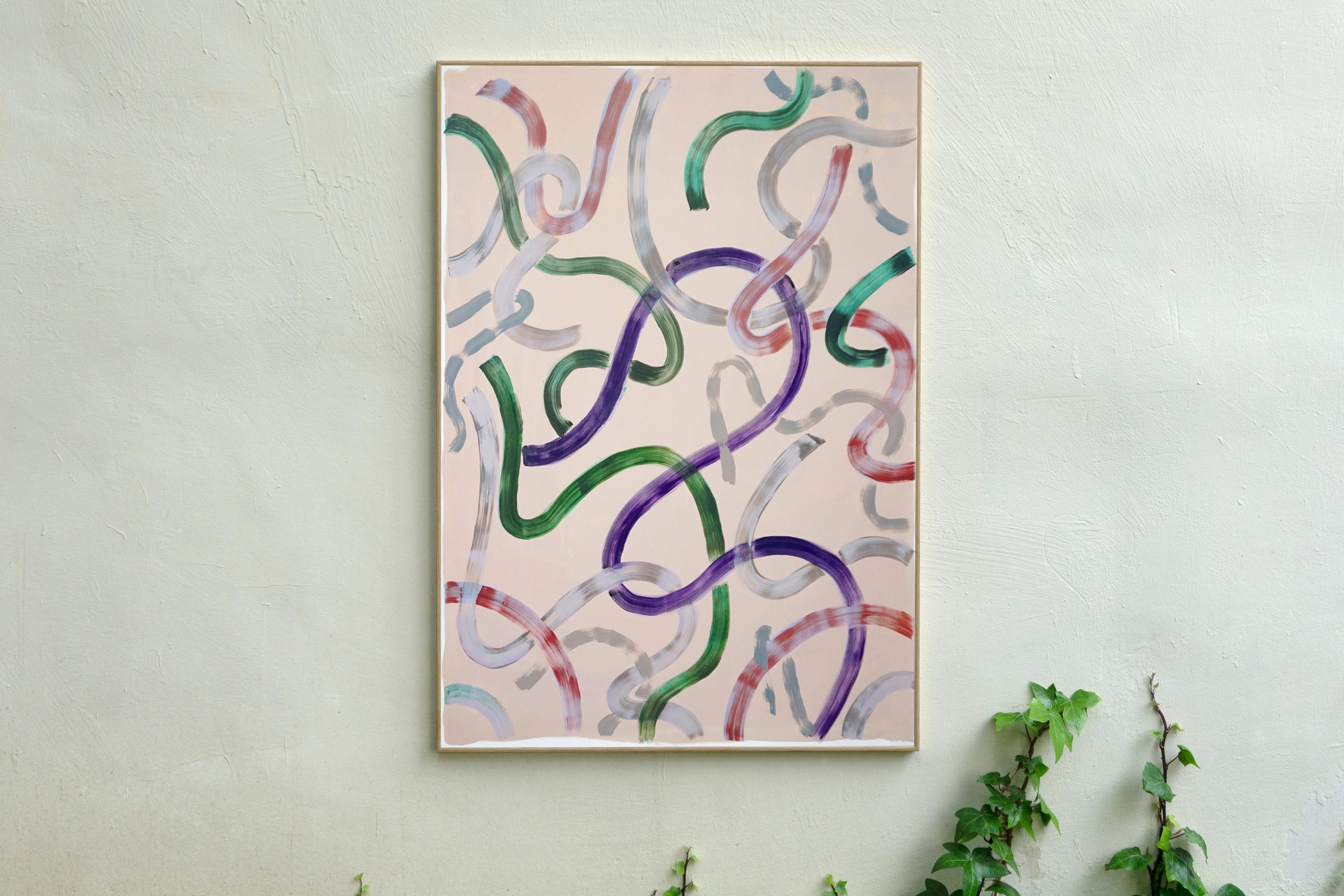 Green and Purple Outlines on Ivory, Abstract Organic Brushstrokes on Paper, 2020 - Gray Abstract Painting by Unknown