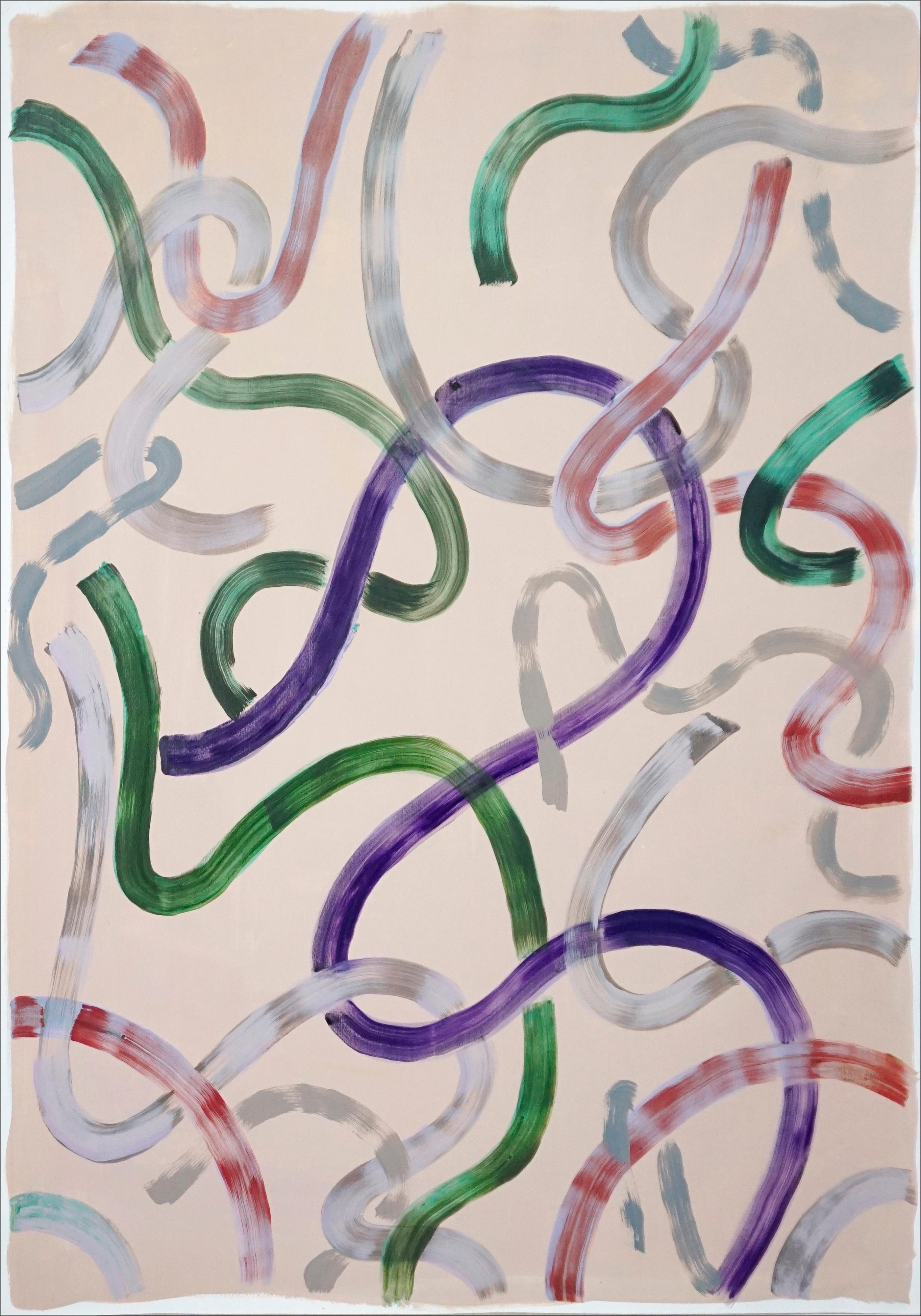 Green and Purple Outlines on Ivory, Abstract Acrylic Painting on Paper, Modern