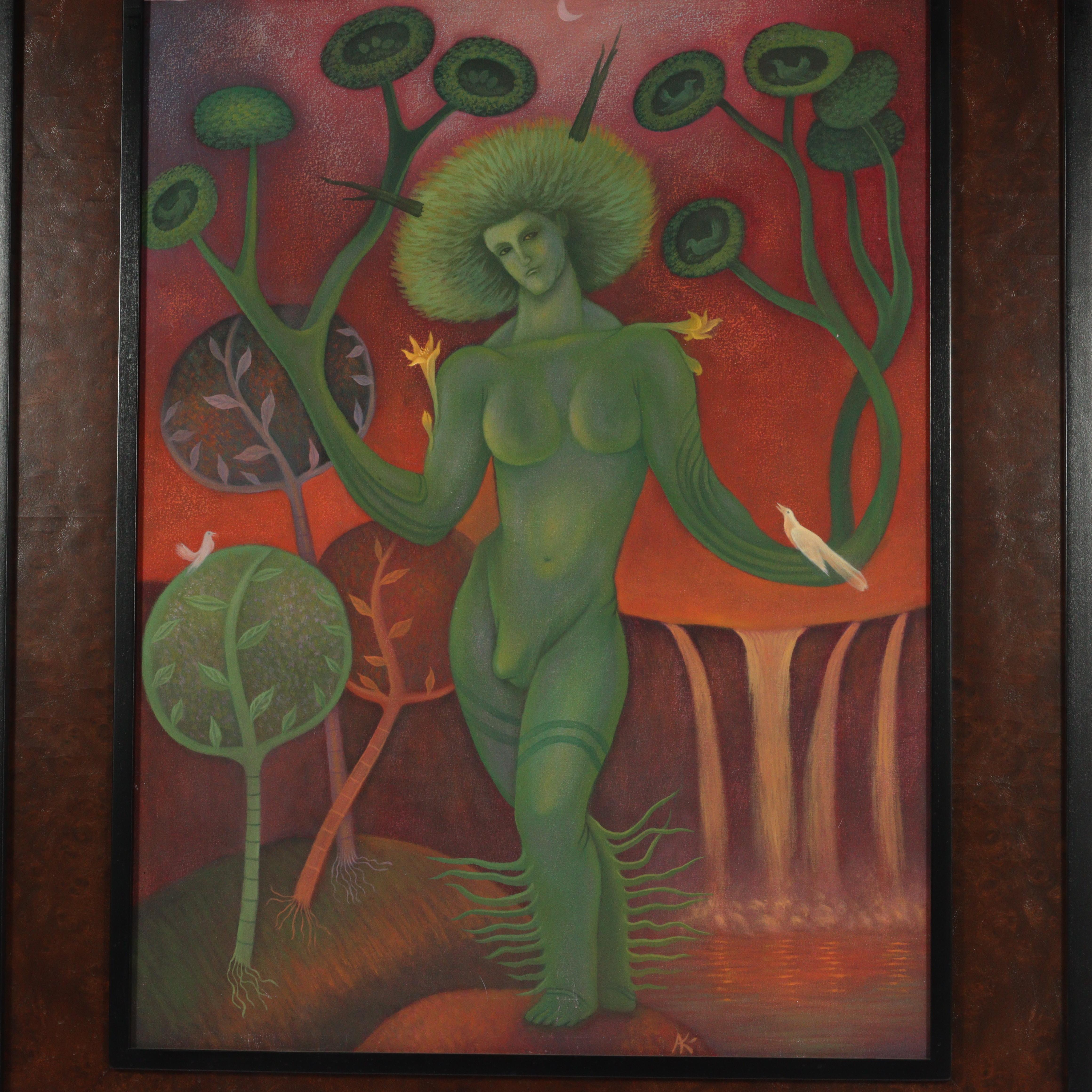 Signiert mit den Initialen A.K. unten rechts. Surrealistische, grüne, androgene Gottheit in einem Wald mit warmen Farbtönen. Erinnert symbolisch an die Grüne Tara, eine bedeutende weibliche Buddhafigur im tibetischen Buddhismus, die Verkörperung des