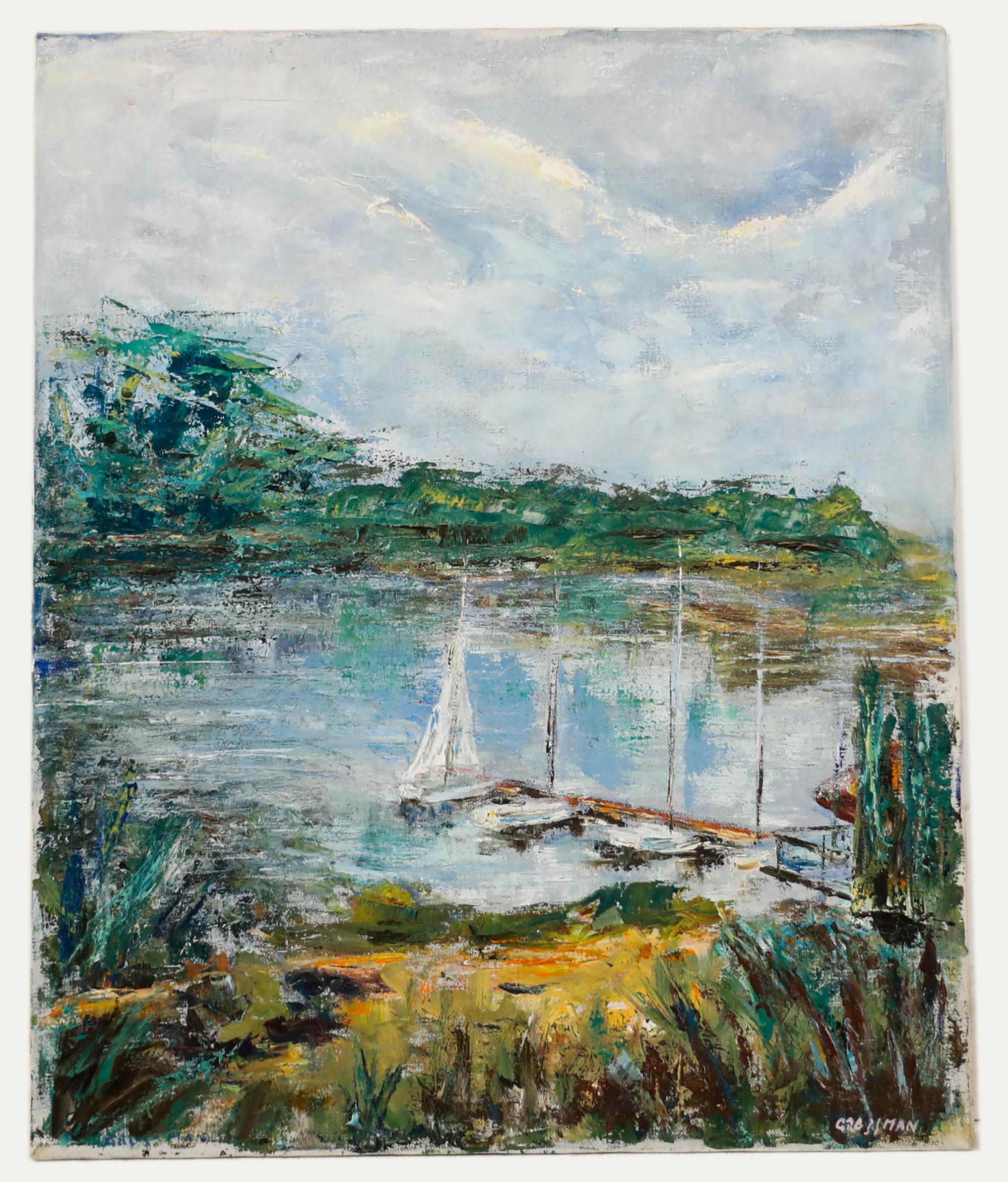 Greta Magnusson-Grossman (1906-1999) - Ölgemälde, Boote im Jetty, 20. Jahrhundert – Painting von Unknown