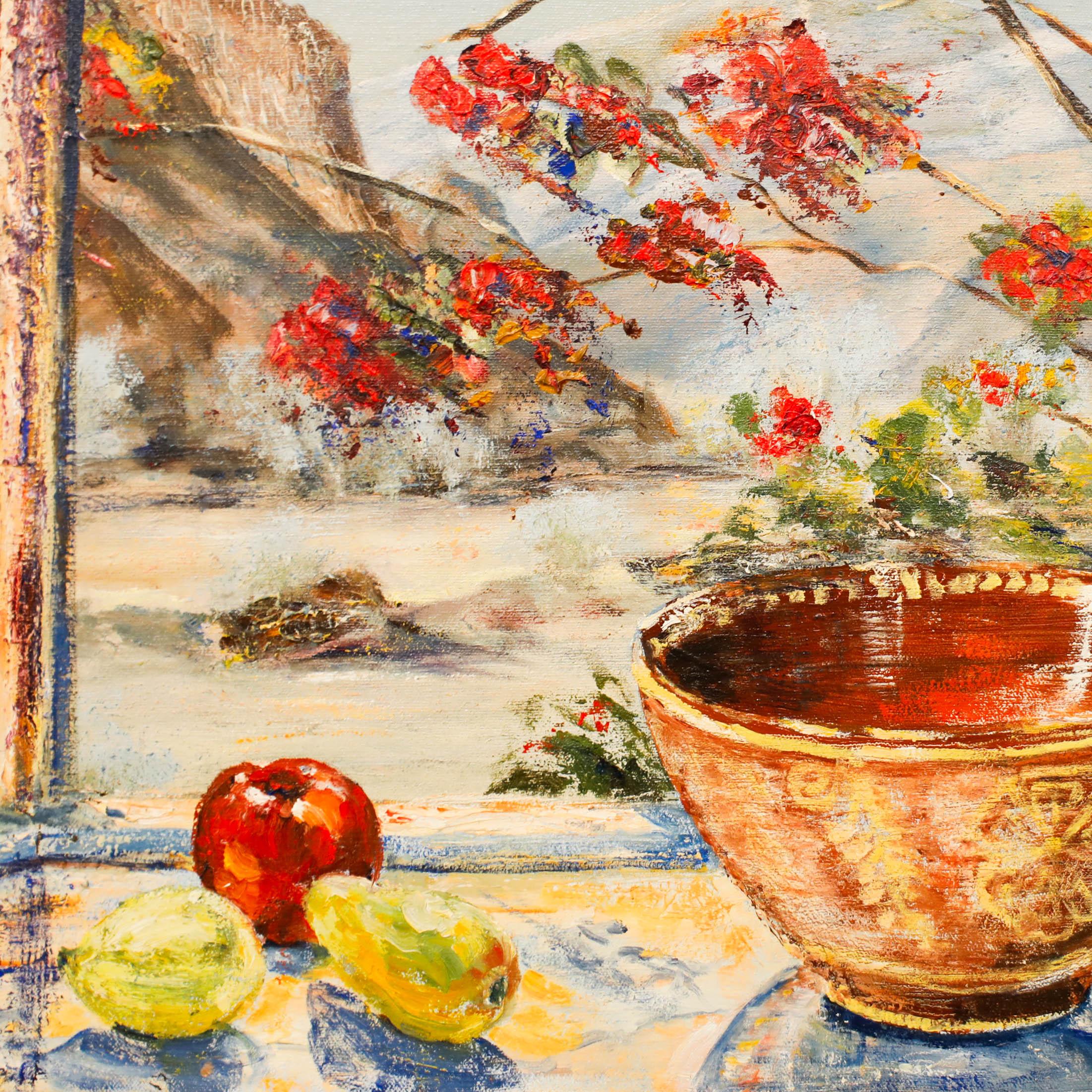A delightful scene depicting the view from the artist's kitchen window. Small red flowers frame the scene before a sweeping landscape of snow-capped mountains. Signed and inscribed to stretchers verso. Presented in a wooden frame. On canvas.