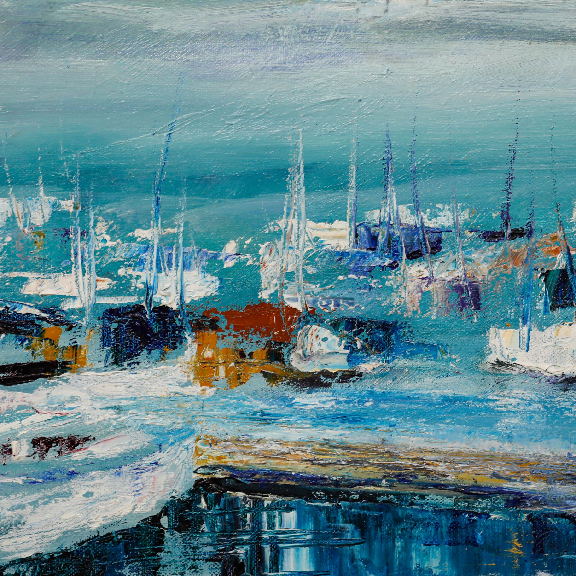 A delightful scene depicting a harbour filled with moored sailing boats. Captured in an expressive style, the artist uses gestural brushwork to capture a great sense of movement and light within the scene. Signed to the lower right. 