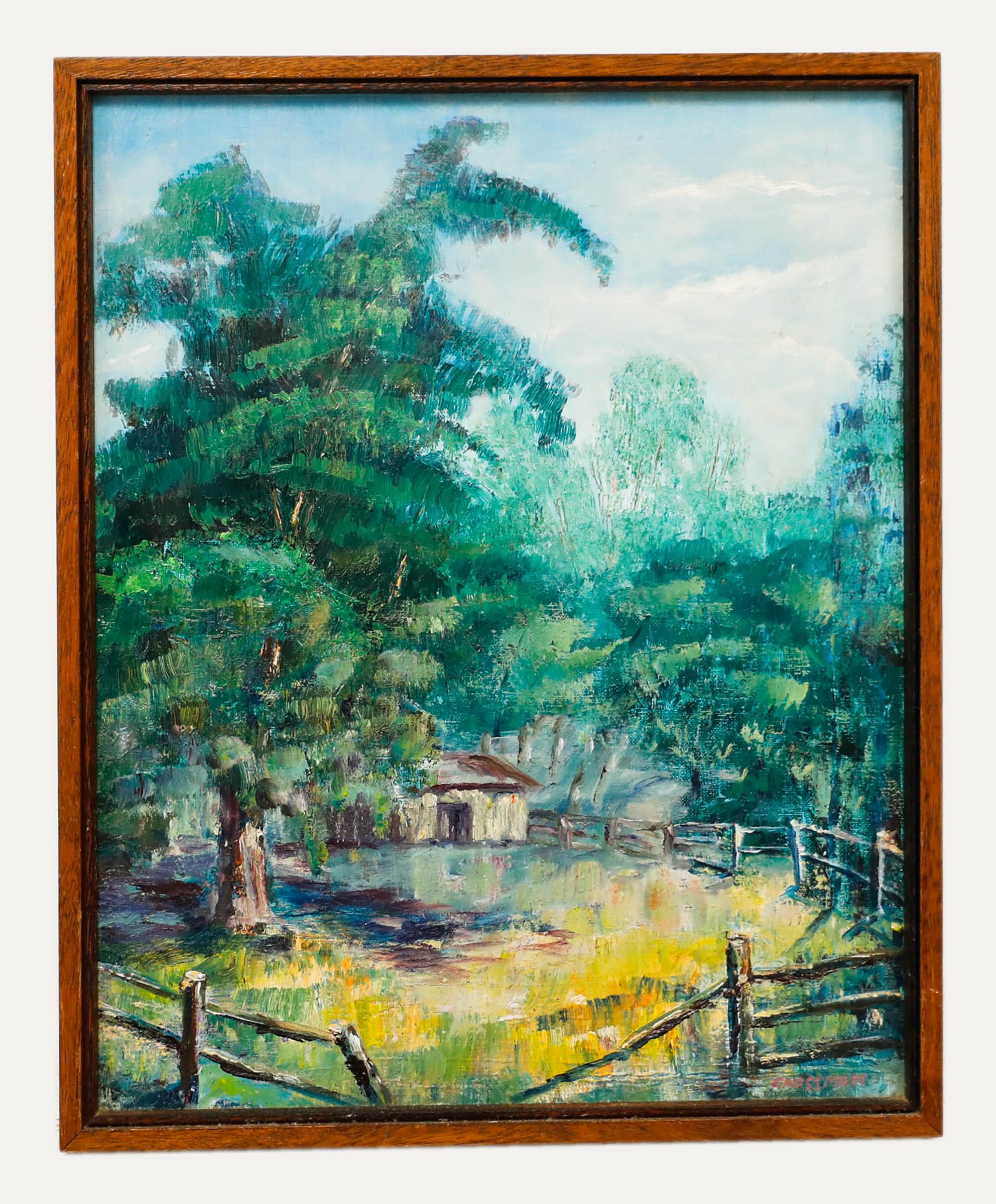 Landscape Painting di Unknown - Greta Magnusson-Grossman (1906-1999) - Olio, Retro del giardino delle quaglie II