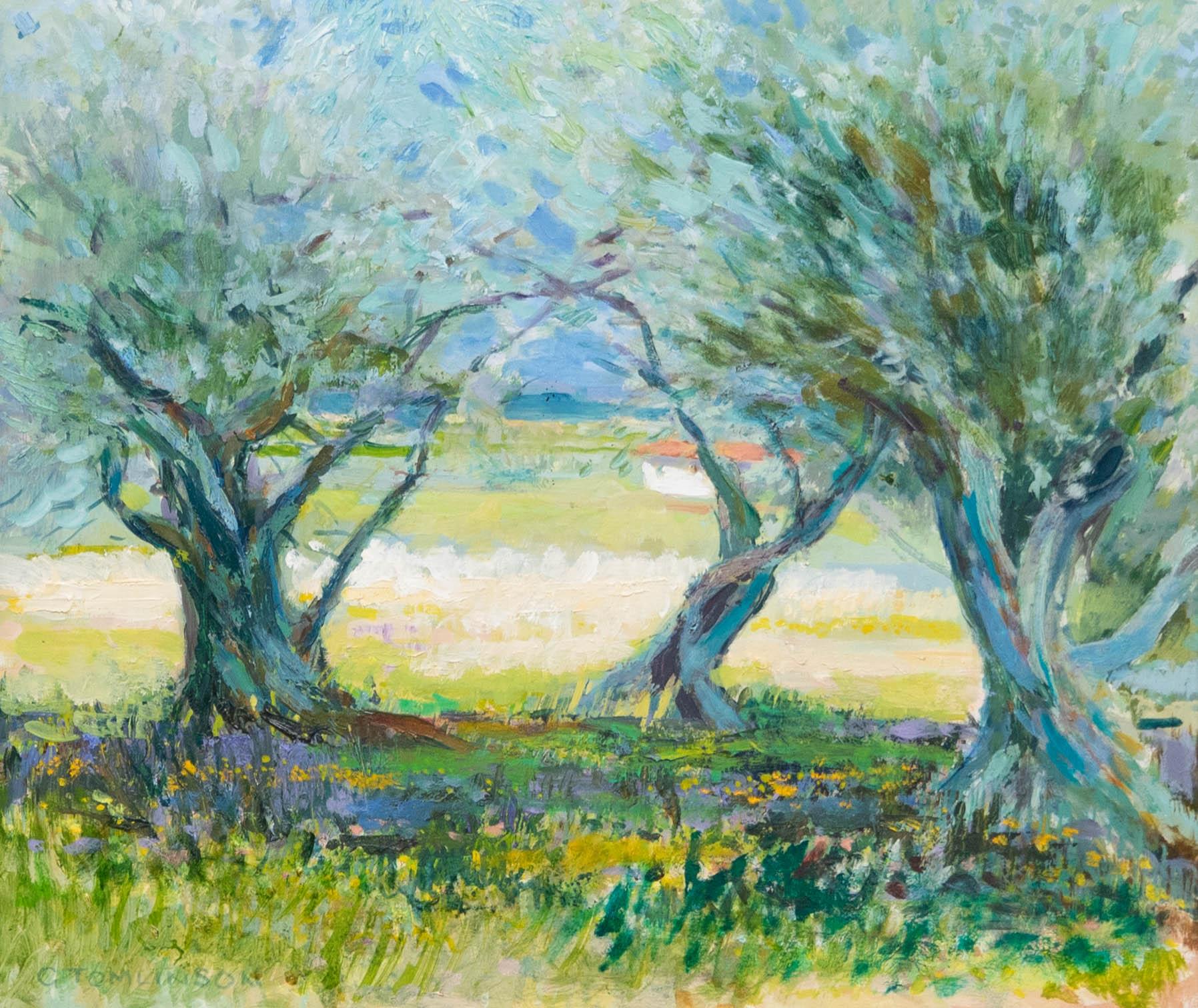 Greta Tomlinson (1927-2021) - Gerahmtes Ölgemälde, Olivenbäume, Provence – Painting von Unknown