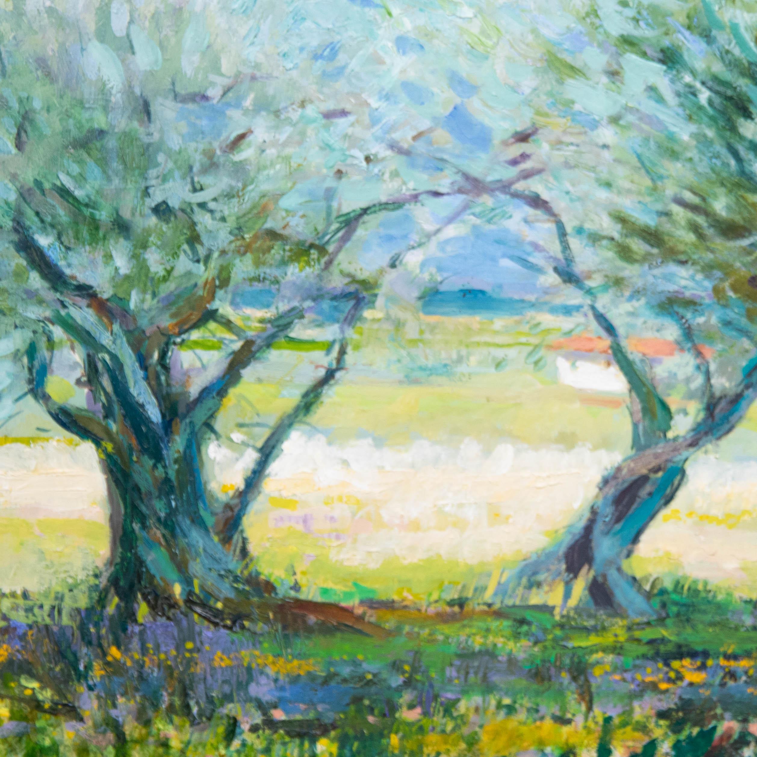 Greta Tomlinson - Landschaft in Öl. Signiert unten links. Gut präsentiert in einem zeitgenössischen Kalk gewaschenen Rahmen mit einem Westminster Gallery Label verso. An Bord.