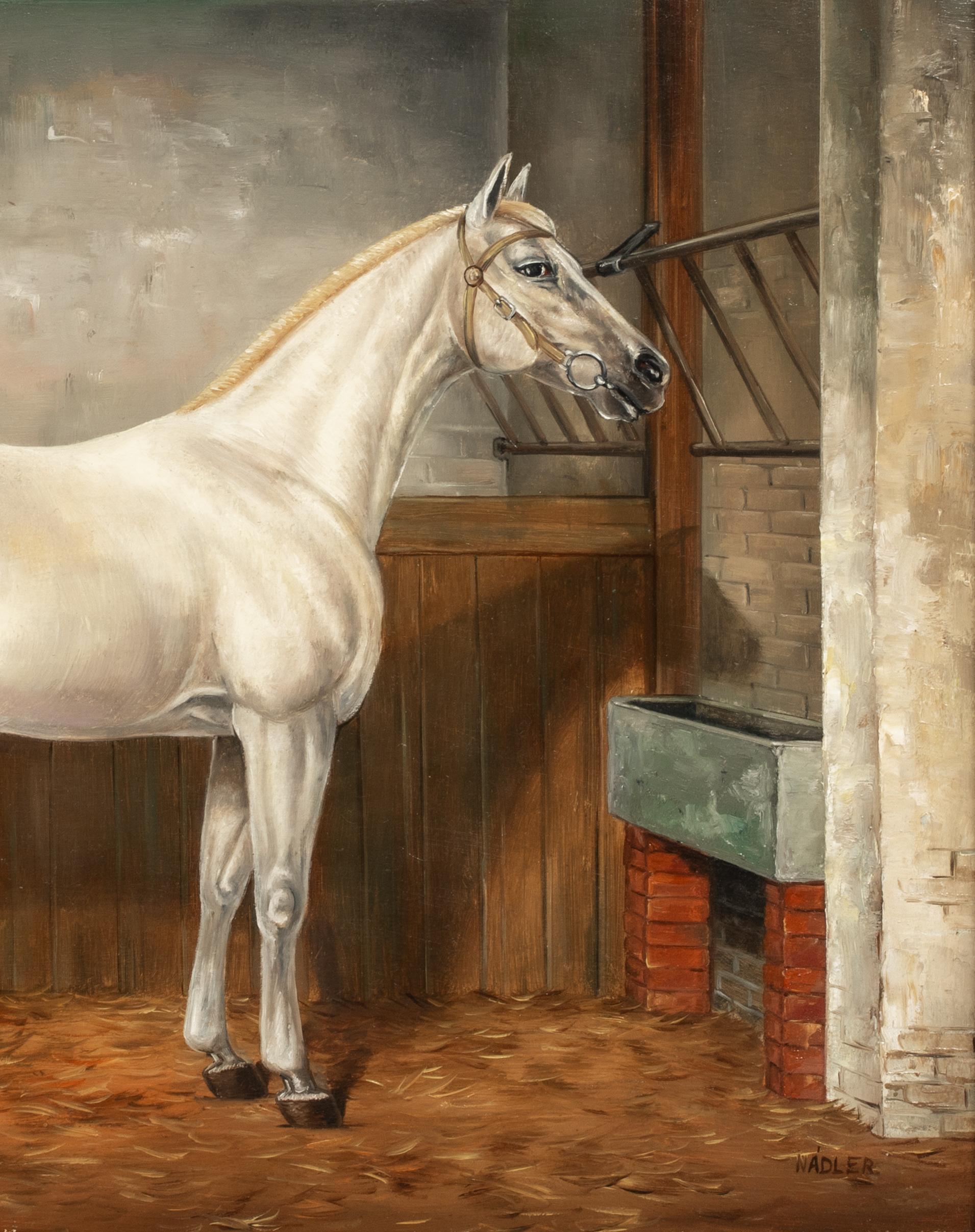 Grey White Horse In a Loose Box, circa 1900  by Louis NADLER For Sale 7