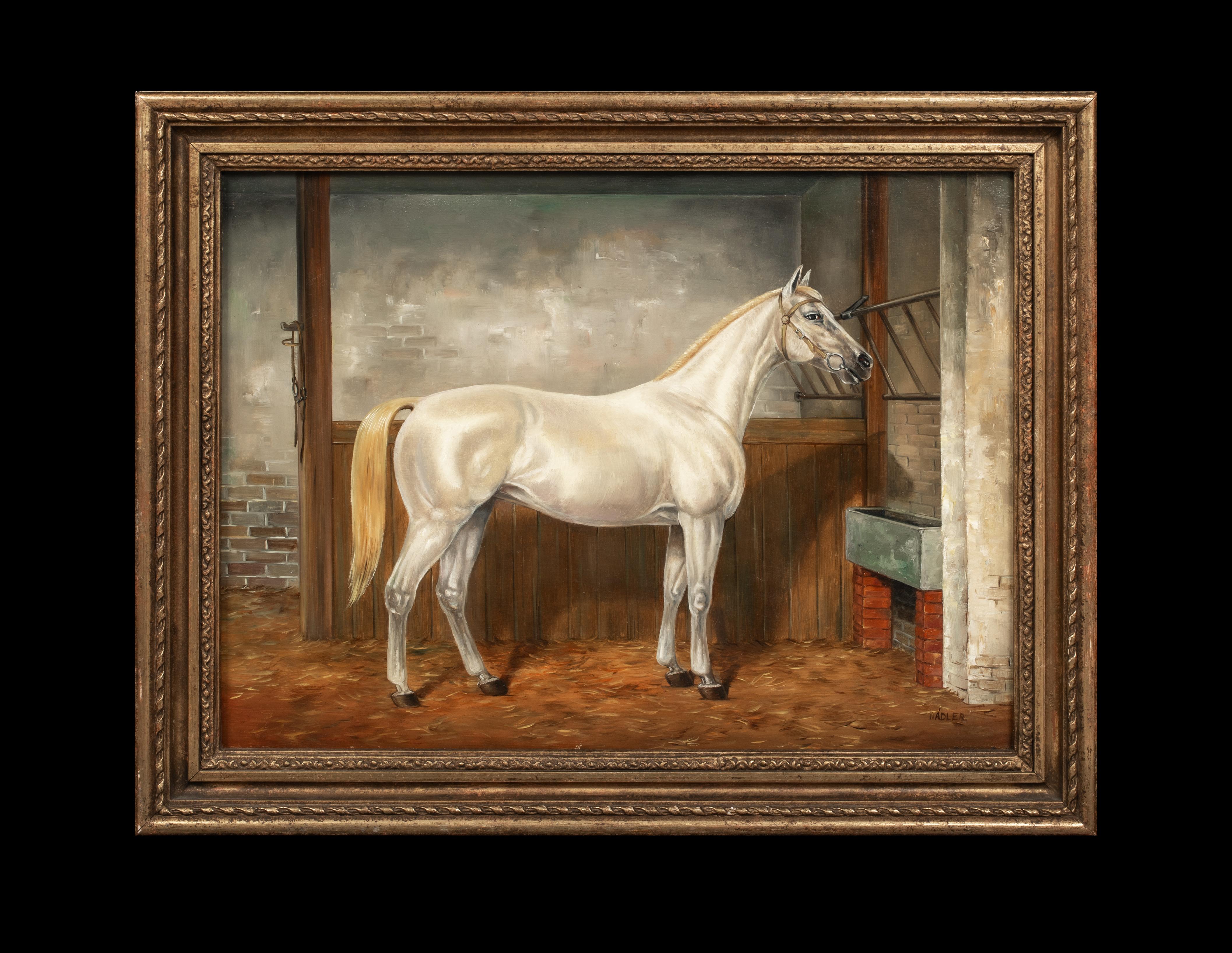Grey White Horse In a Loose Box, circa 1900  by Louis NADLER - Painting by Unknown