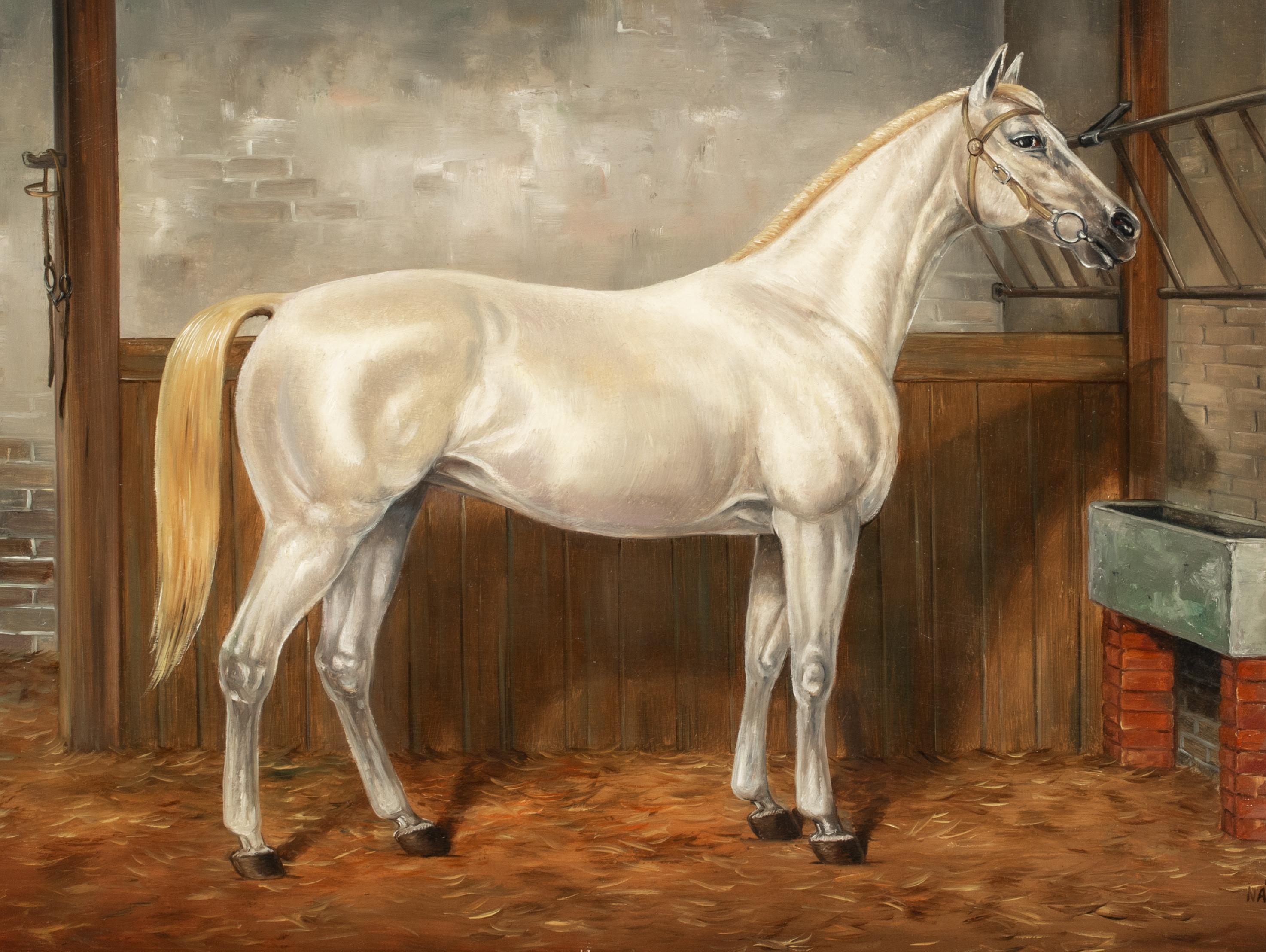 Grey White Horse In a Loose Box, circa 1900  by Louis NADLER For Sale 3
