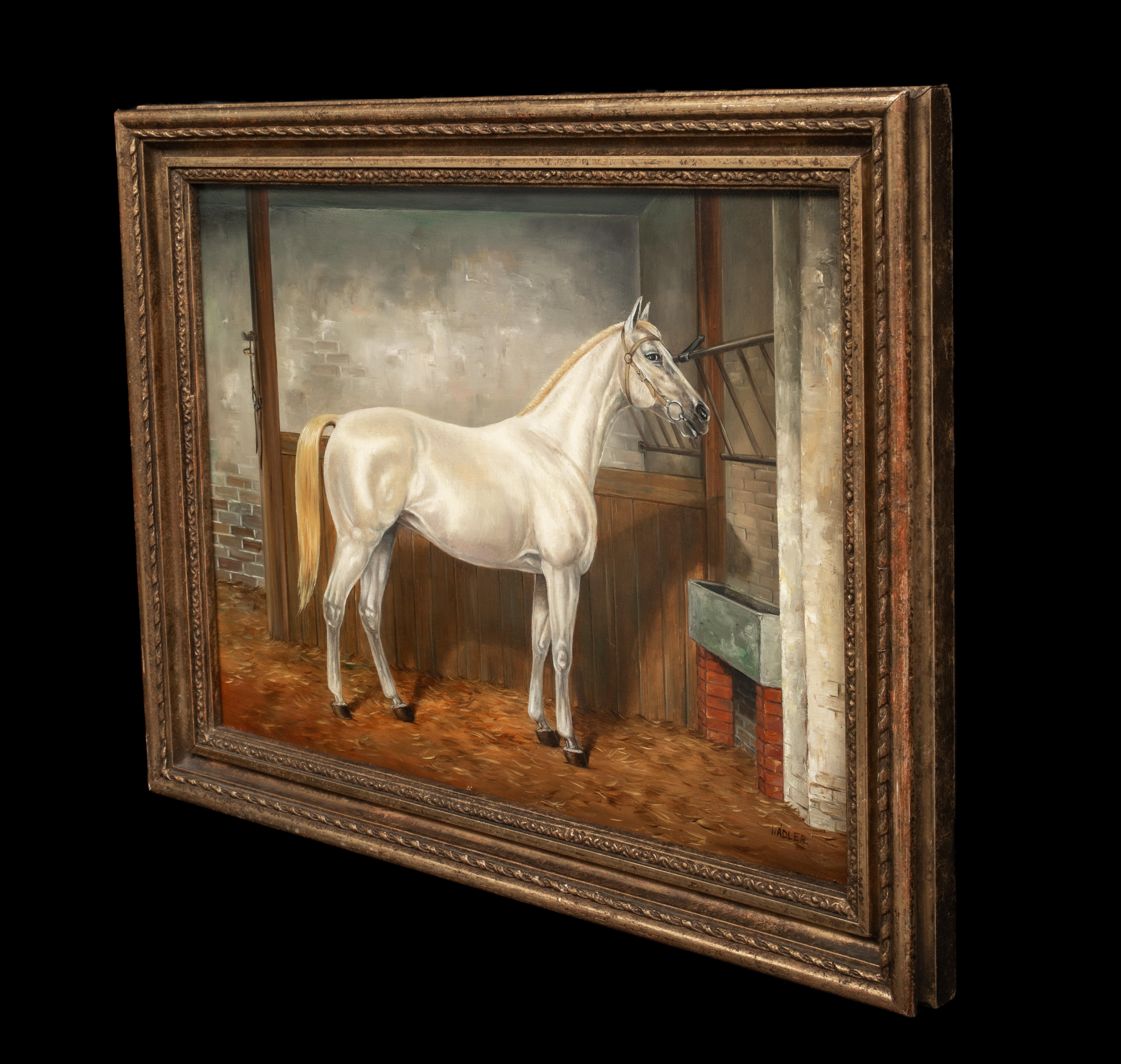 Grey White Horse In a Loose Box, circa 1900  by Louis NADLER For Sale 5