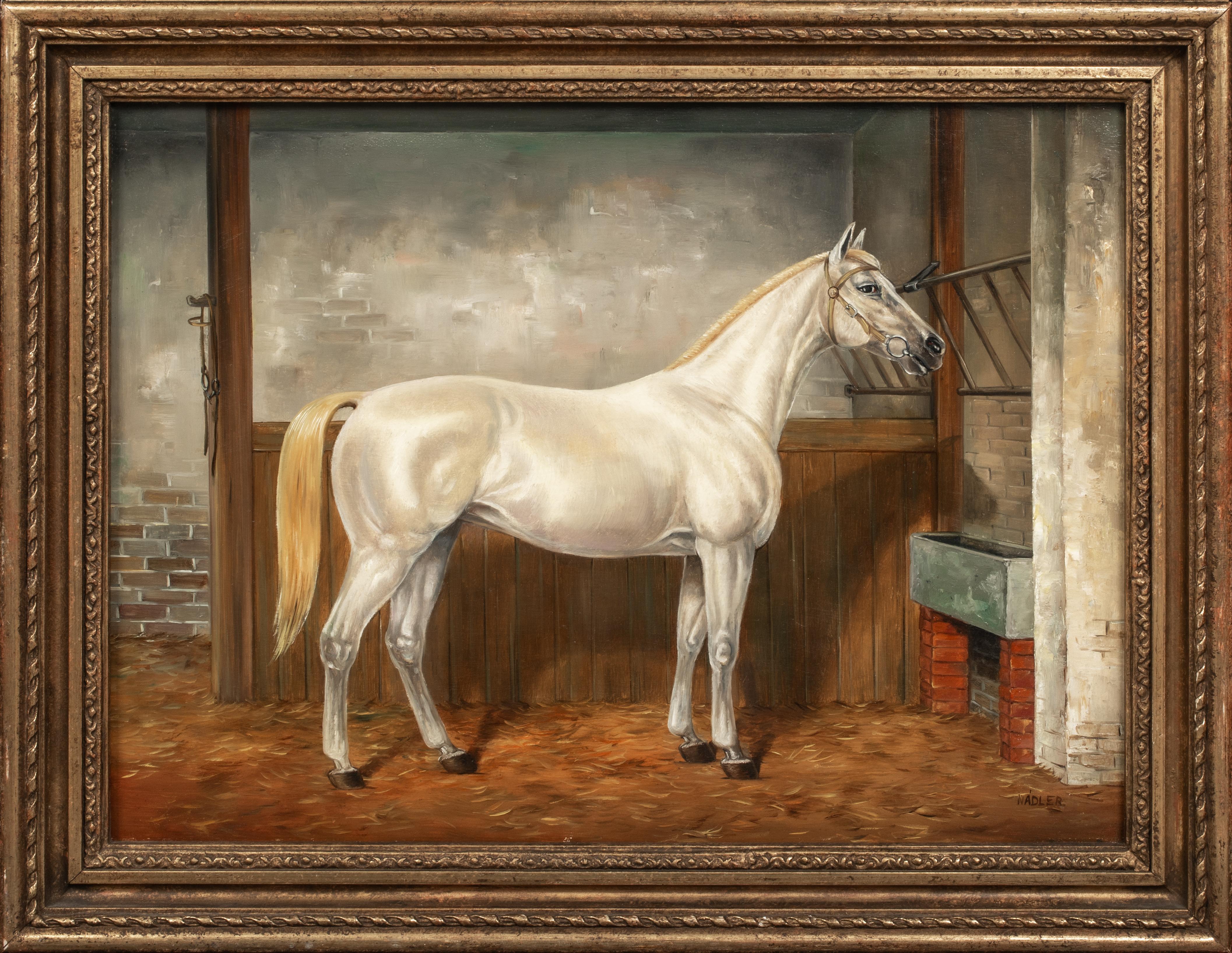 Unknown Animal Painting - Grey White Horse In a Loose Box, circa 1900  by Louis NADLER