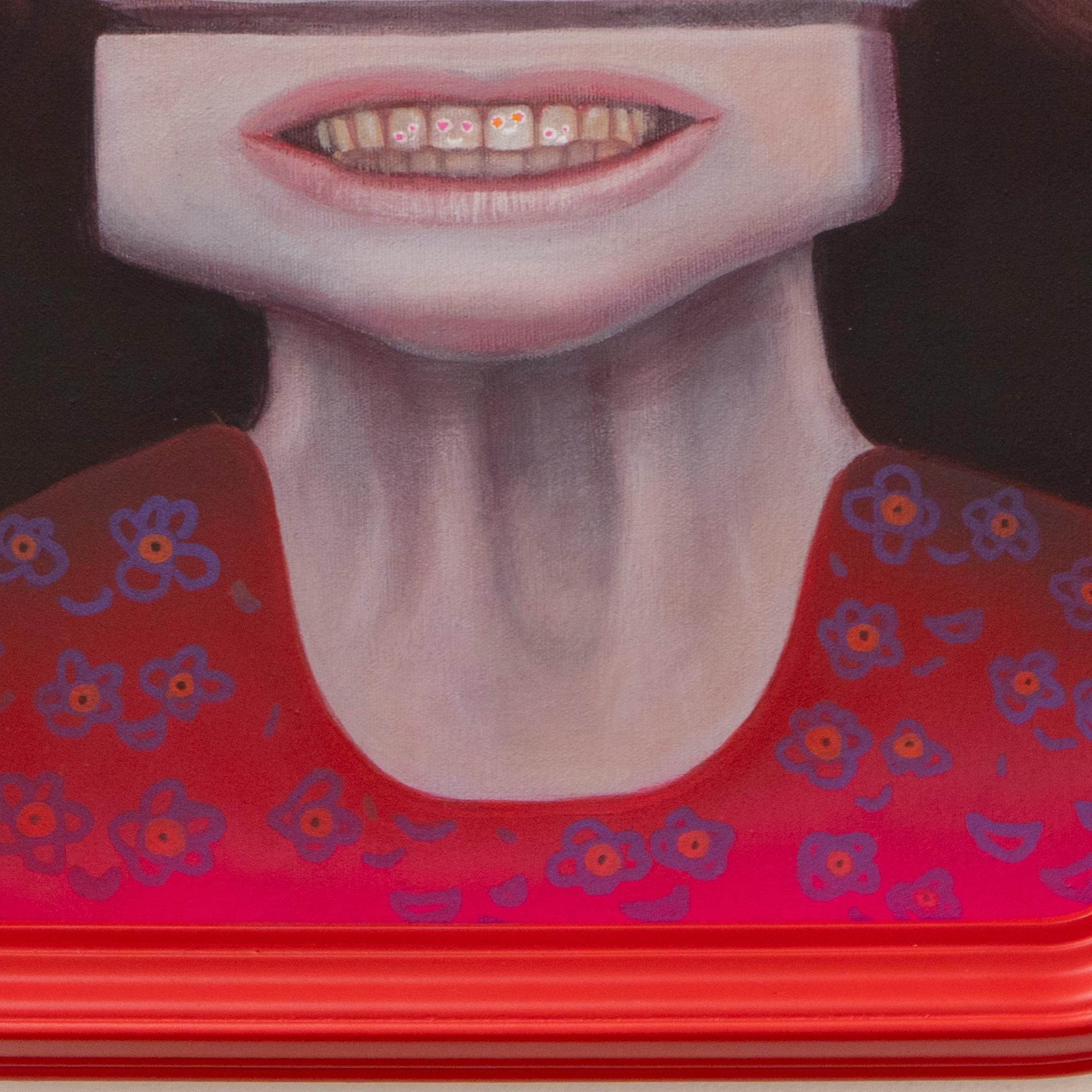 Grimassen schneidendes Gesicht Emoji Porträt Angst manuelles Lächeln - Acryl und Spray Malerei (Pop-Art), Painting, von Unknown