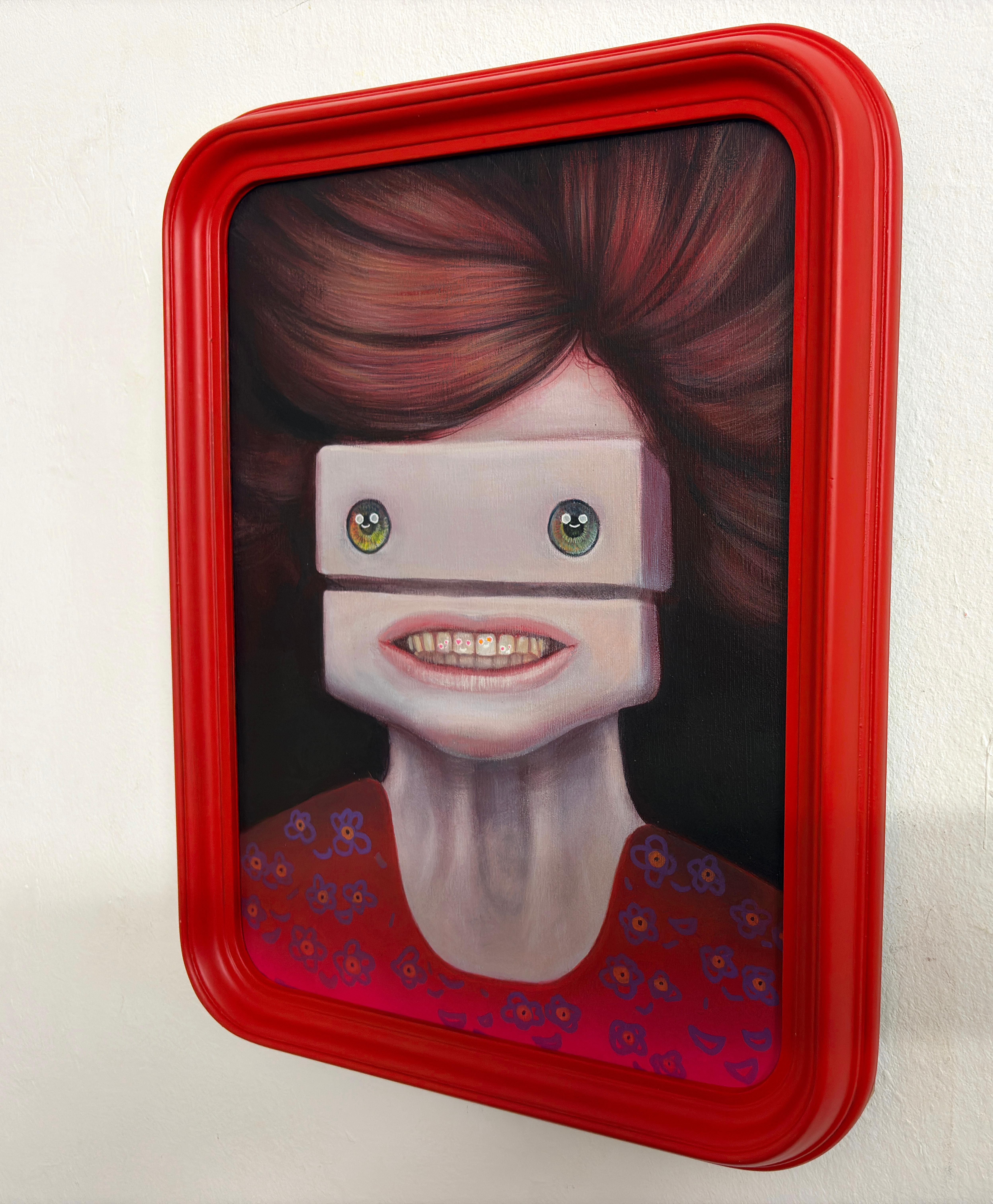 Grimassen schneidendes Gesicht Emoji Porträt Angst manuelles Lächeln - Acryl und Spray Malerei im Angebot 2