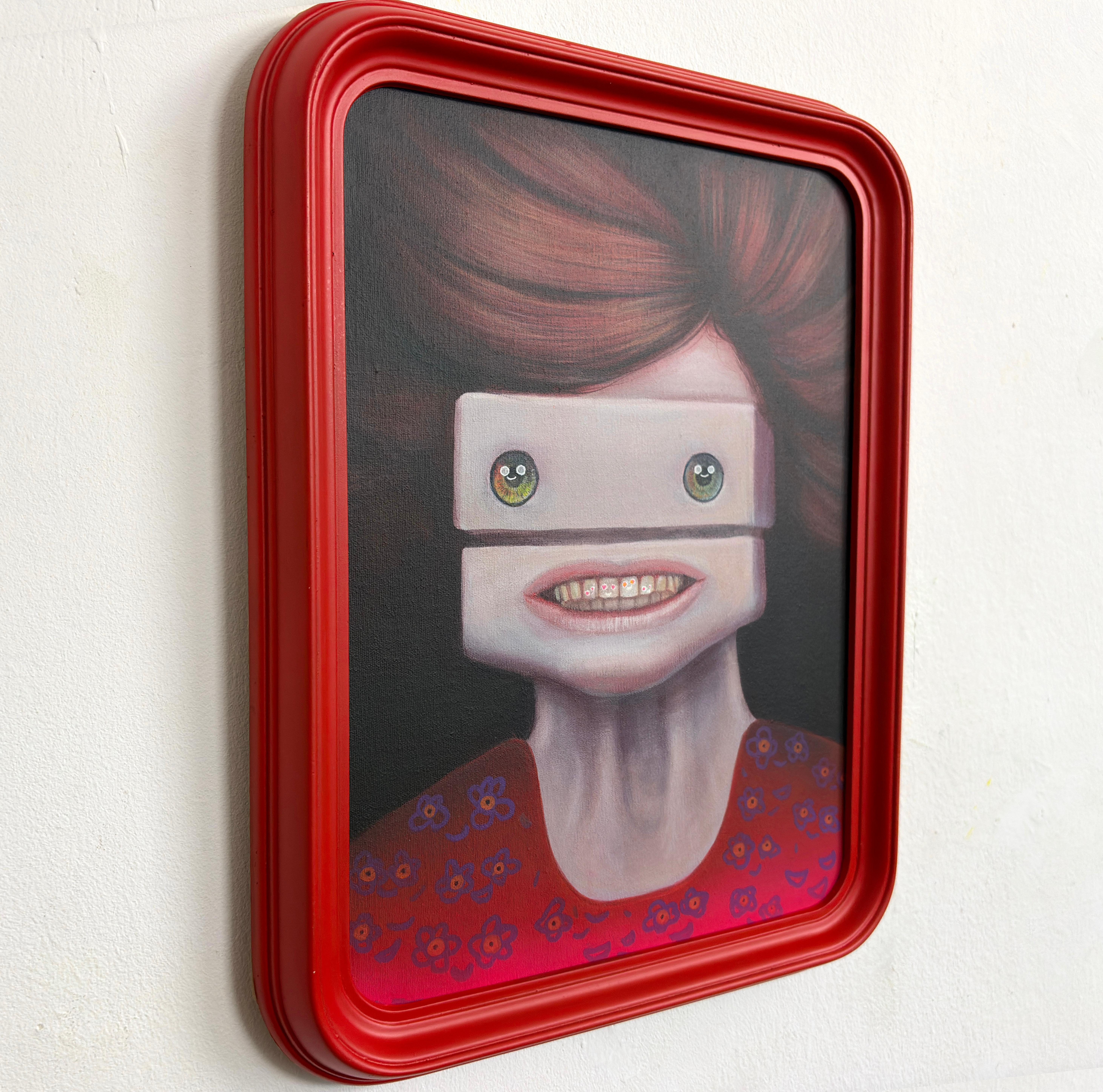 Grimassen schneidendes Gesicht Emoji Porträt Angst manuelles Lächeln - Acryl und Spray Malerei im Angebot 3