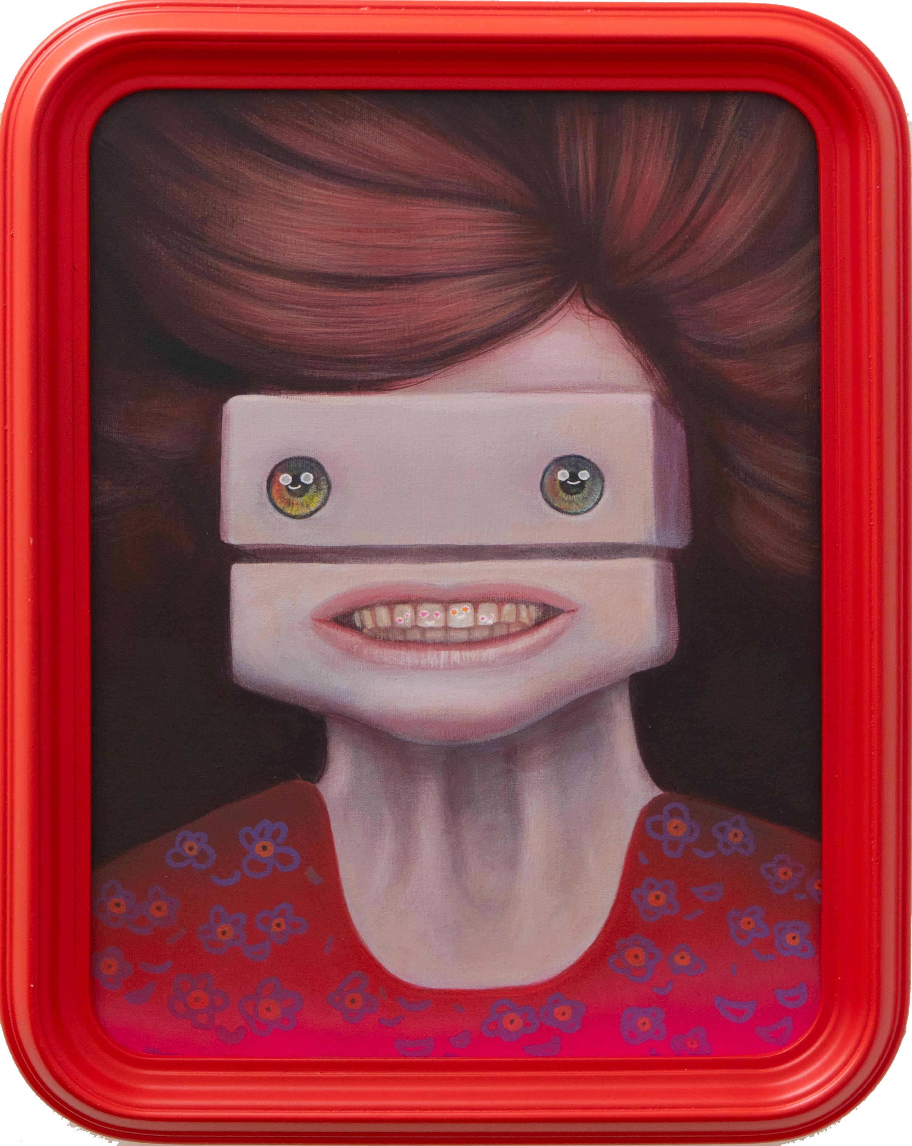 Unknown Portrait Painting – Grimassen schneidendes Gesicht Emoji Porträt Angst manuelles Lächeln - Acryl und Spray Malerei