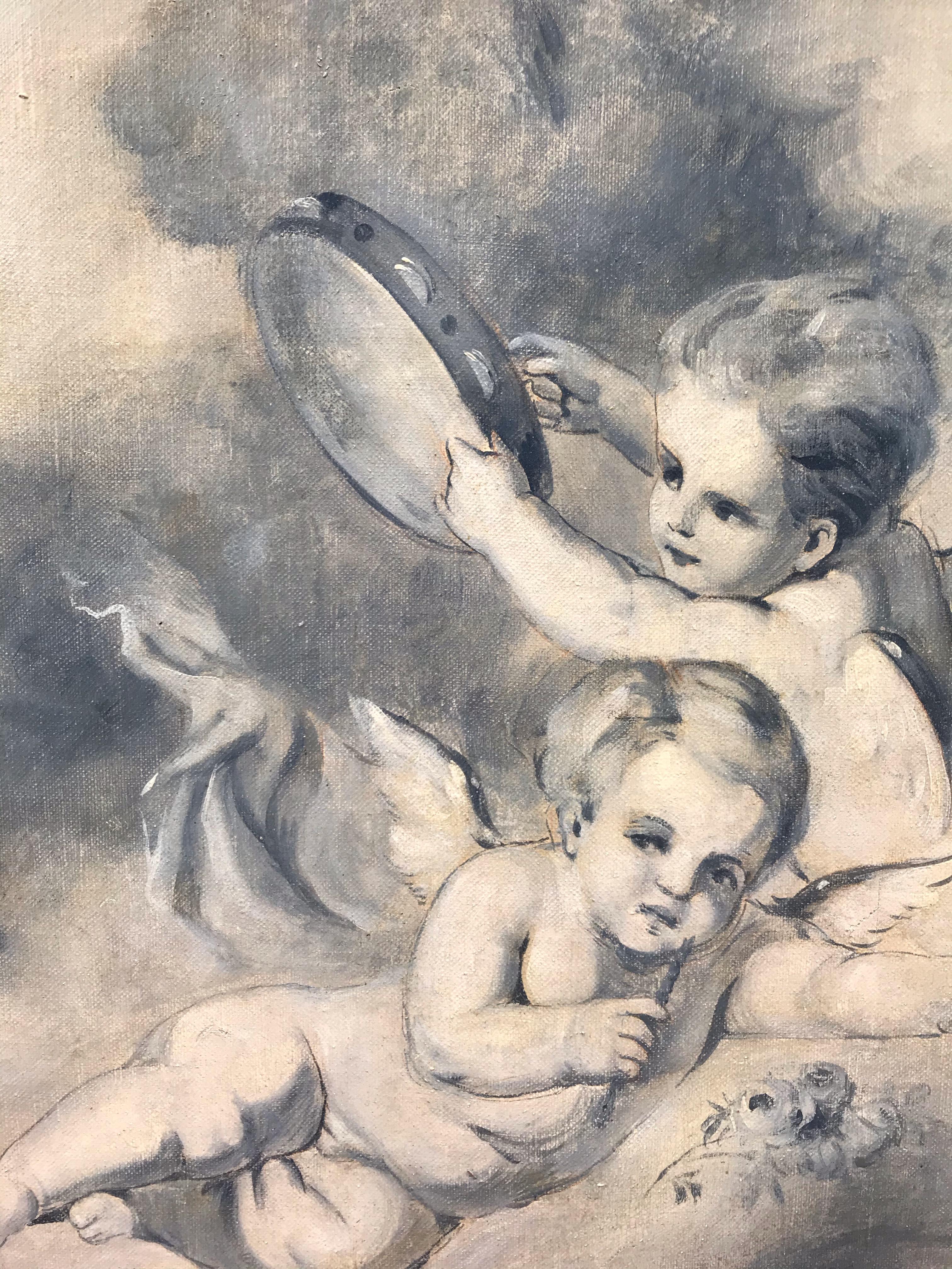 GRISAILLE 19th Century - Cherubs Are Playing Music - Painting by Unknown