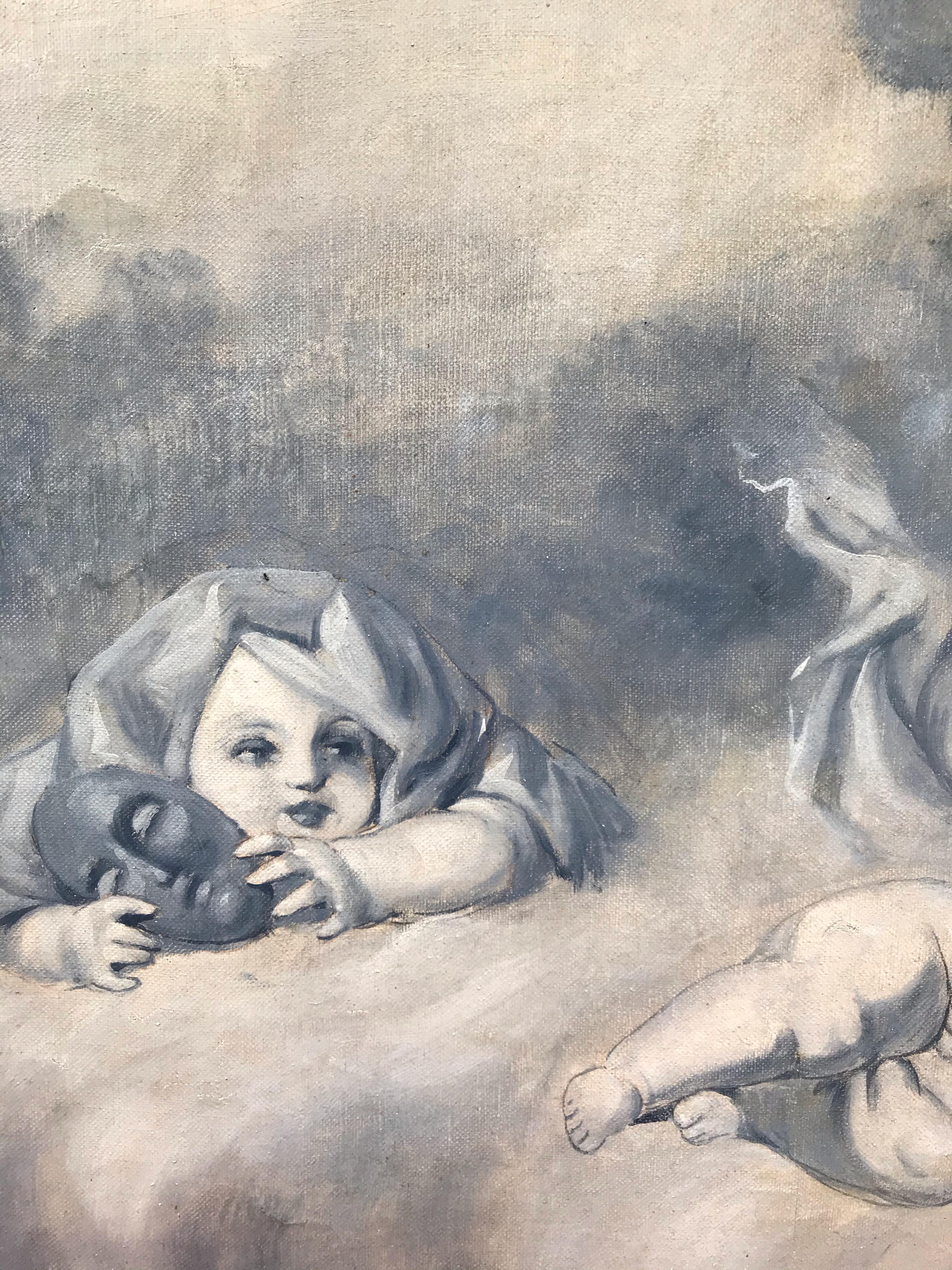 GRISAILLE Siglo XIX - Querubines Tocando Música - Painting Académico de Unknown