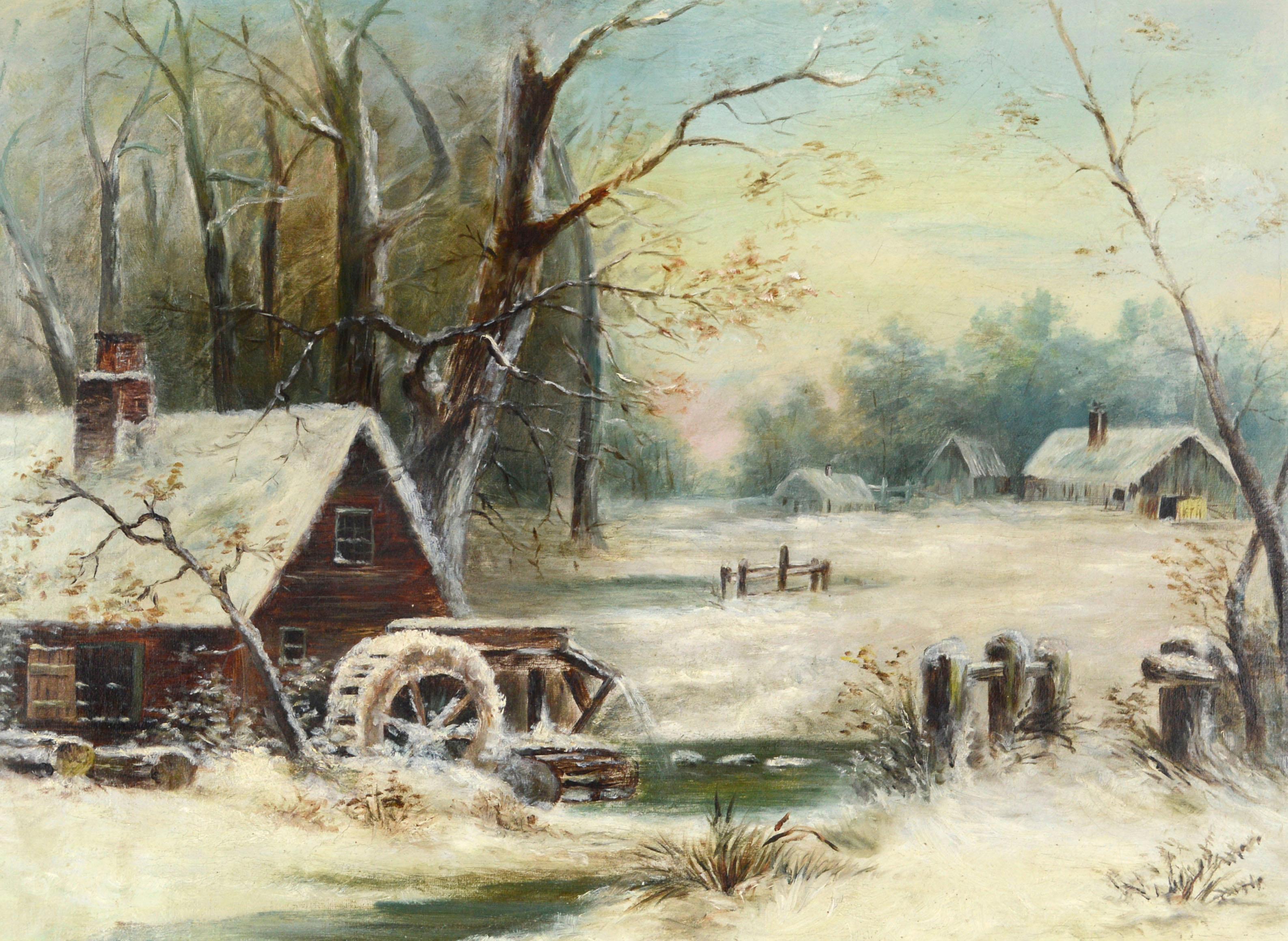 Grist Mill In the Snow - Early 20th Century Winter American Landscape  - Painting by Unknown
