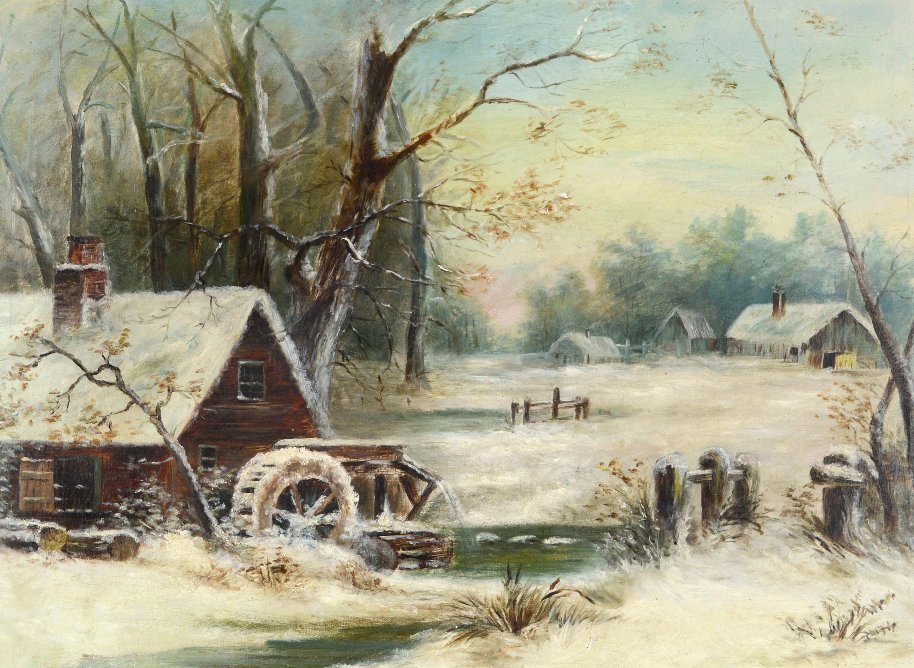 Mulino a Grist nella neve - Paesaggio americano invernale dei primi del Novecento - Painting di Unknown